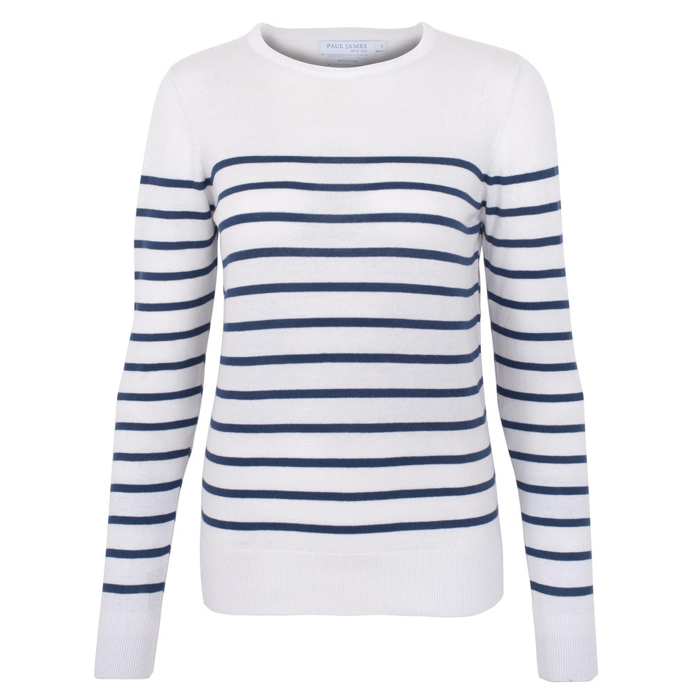 Paul James Knitwear Blue / White Womens Ultra-fine Cotton Breton Tavia Crew Neck Jumper - Insignia Blue In Blue/white