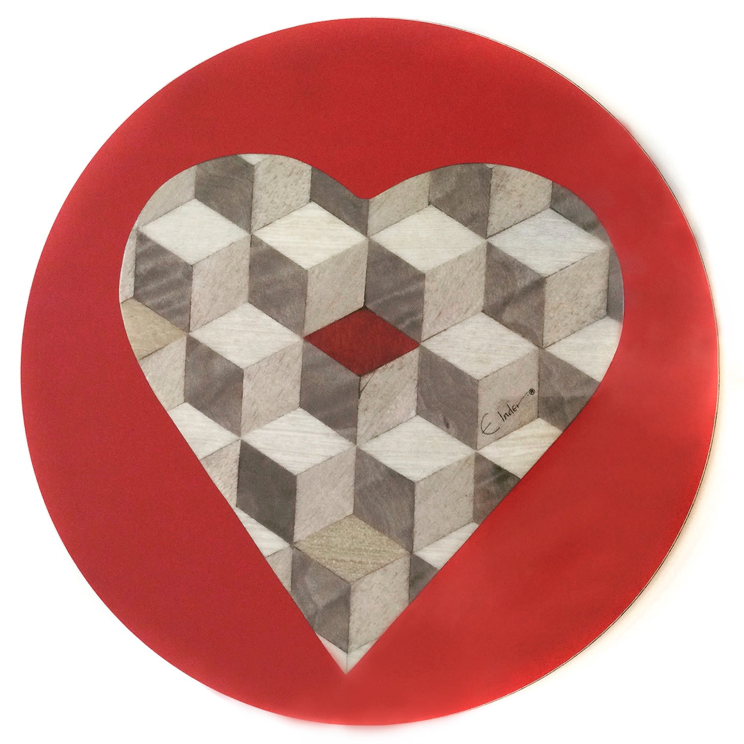 Set Of Six Coasters In Heart Design With Red Border. Barcelona Red Range In Luxe High Gloss Melamine. Heat Resistant. E. Inder Designs