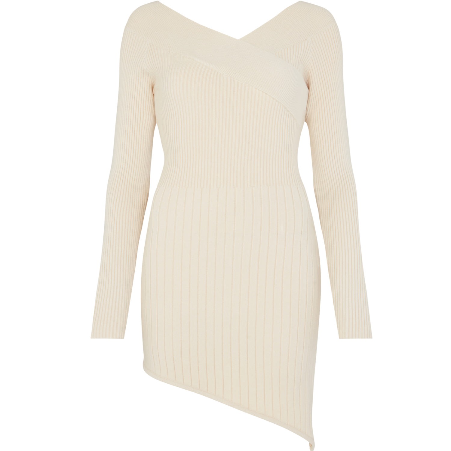 Women’s Neutrals Sidney Cream Ribbed Knit Off Shoulder Asymmetric Mini Dress S/M Les Friday