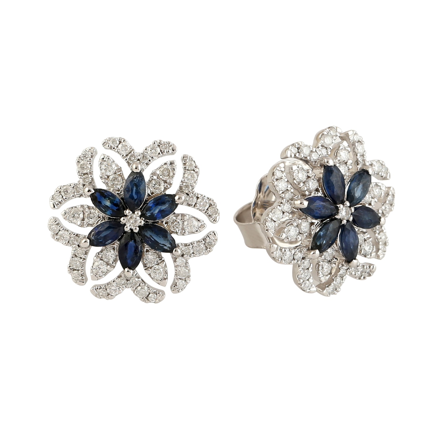 Artisan Women's White / Blue 18k White Gold Floral Earrings With Blue Sapphires & Diamonds In Silver