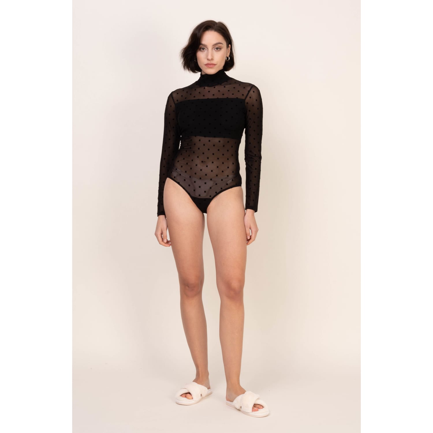 Sheer Bodysuit With Turtleneck - Polka Dot Soft Tulle | Oh