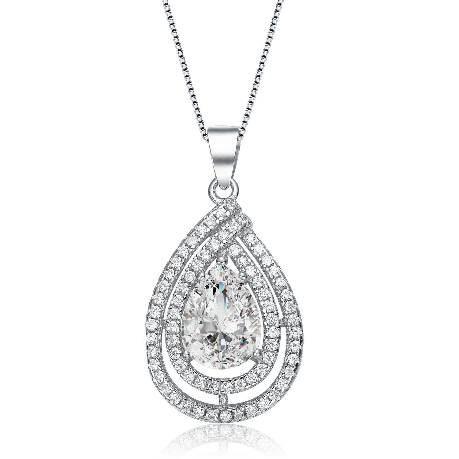 Women’s White / Silver Cz Sterling Silver Rhodium Plated Pear Shape Pendant Genevive Jewelry