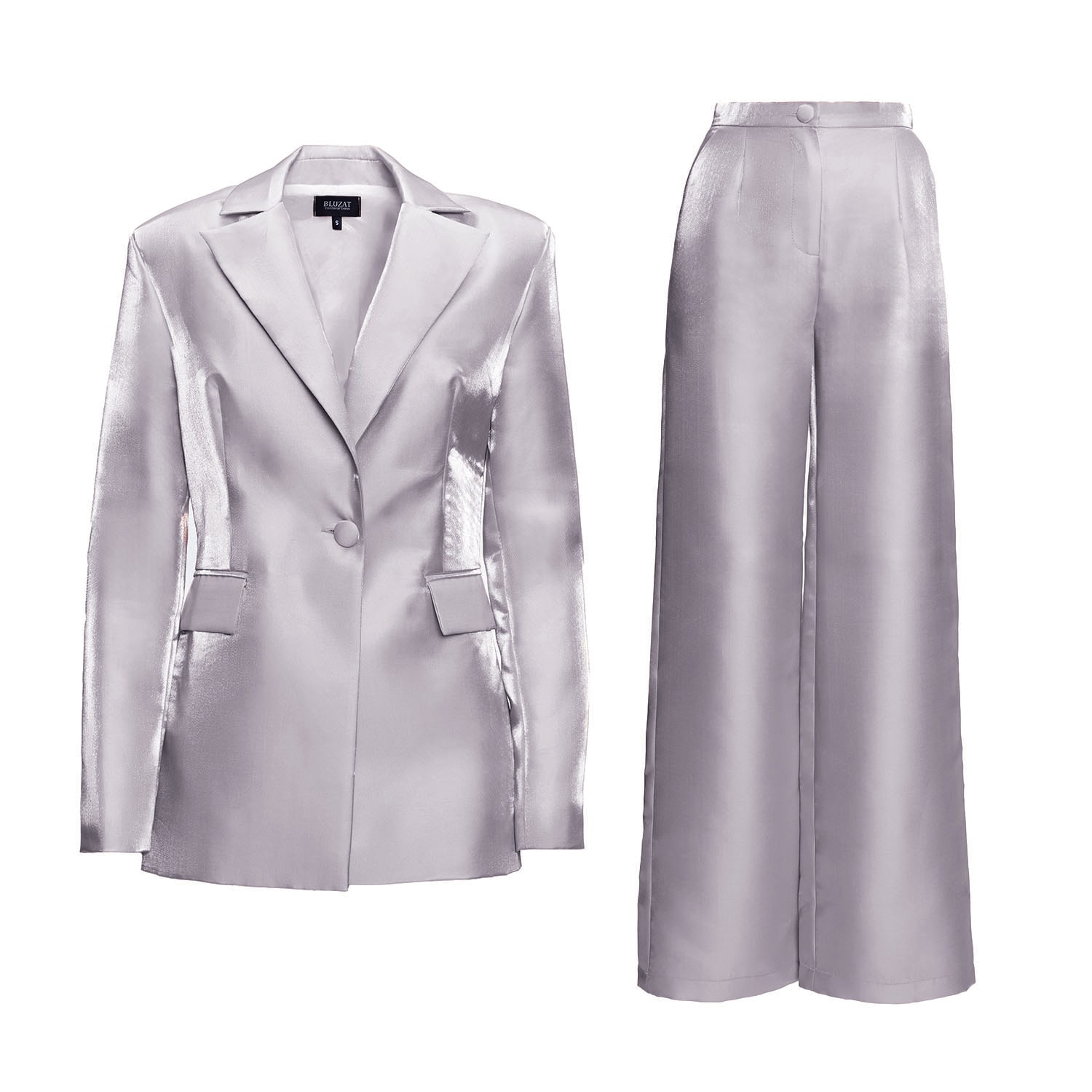 Bluzat Grey Taffeta Suit With Blazer And Straight Trousers In Grey