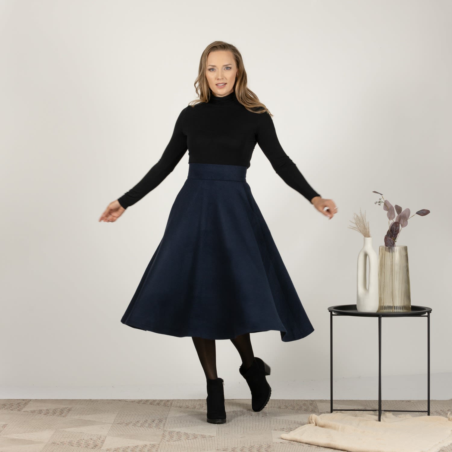 Dark Blue Wool Skirt Below The Knee With High Waist