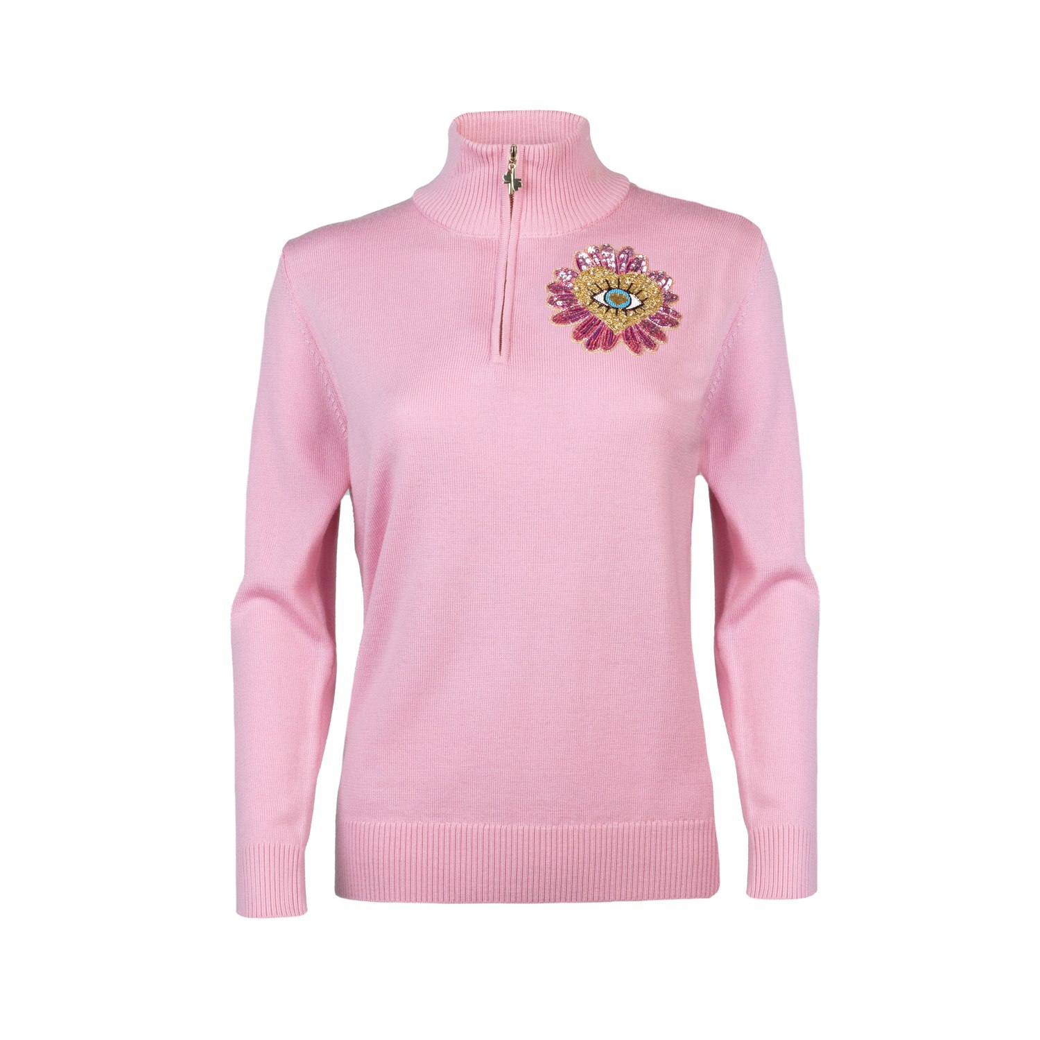 Laines London Women's Pink / Purple Laines Couture Quarter Zip Jumper With Embellished Pink Flower Heart Eye - Pin