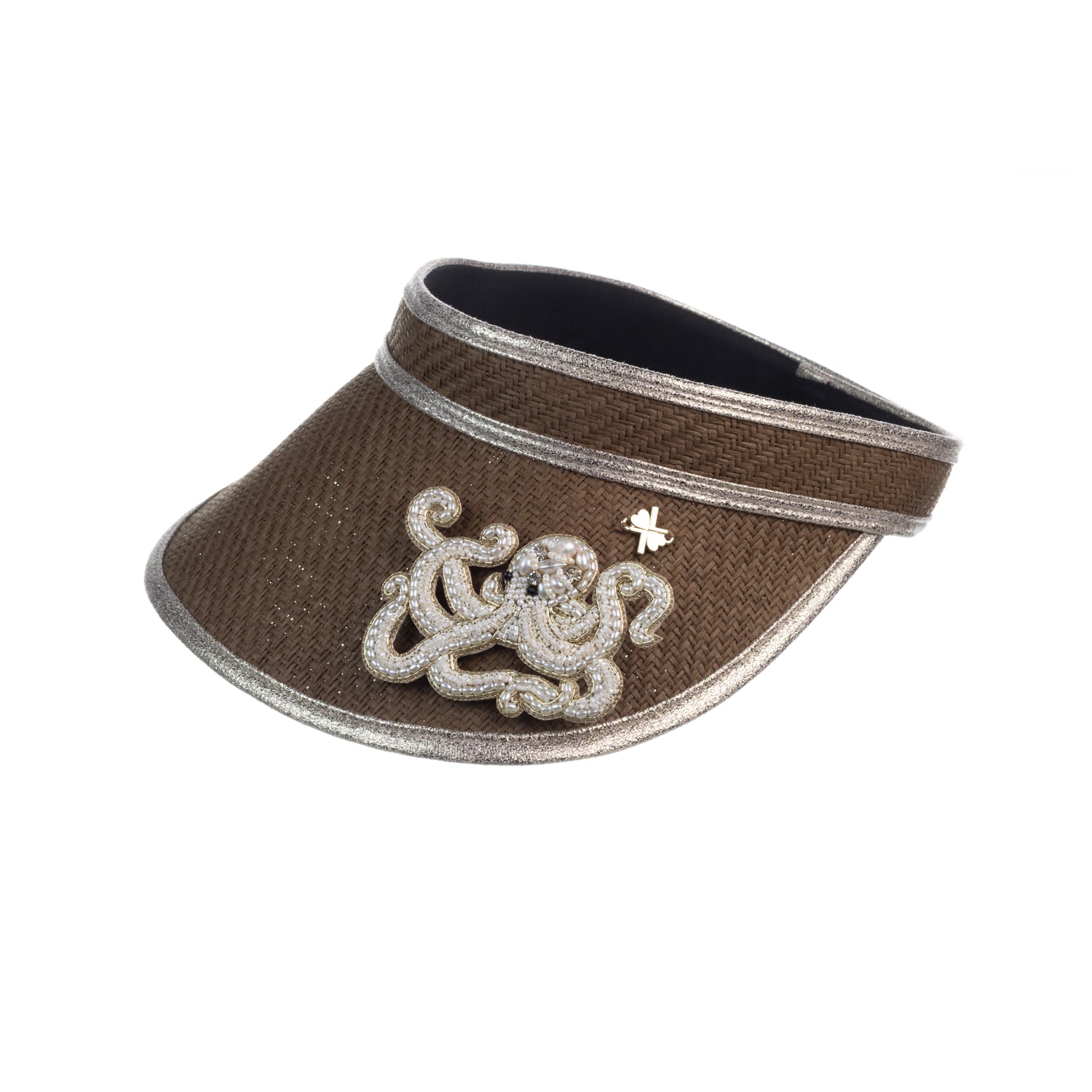 Laines London Women's Brown Straw Woven Visor With Beaded Octopus Brooch - Toffee
