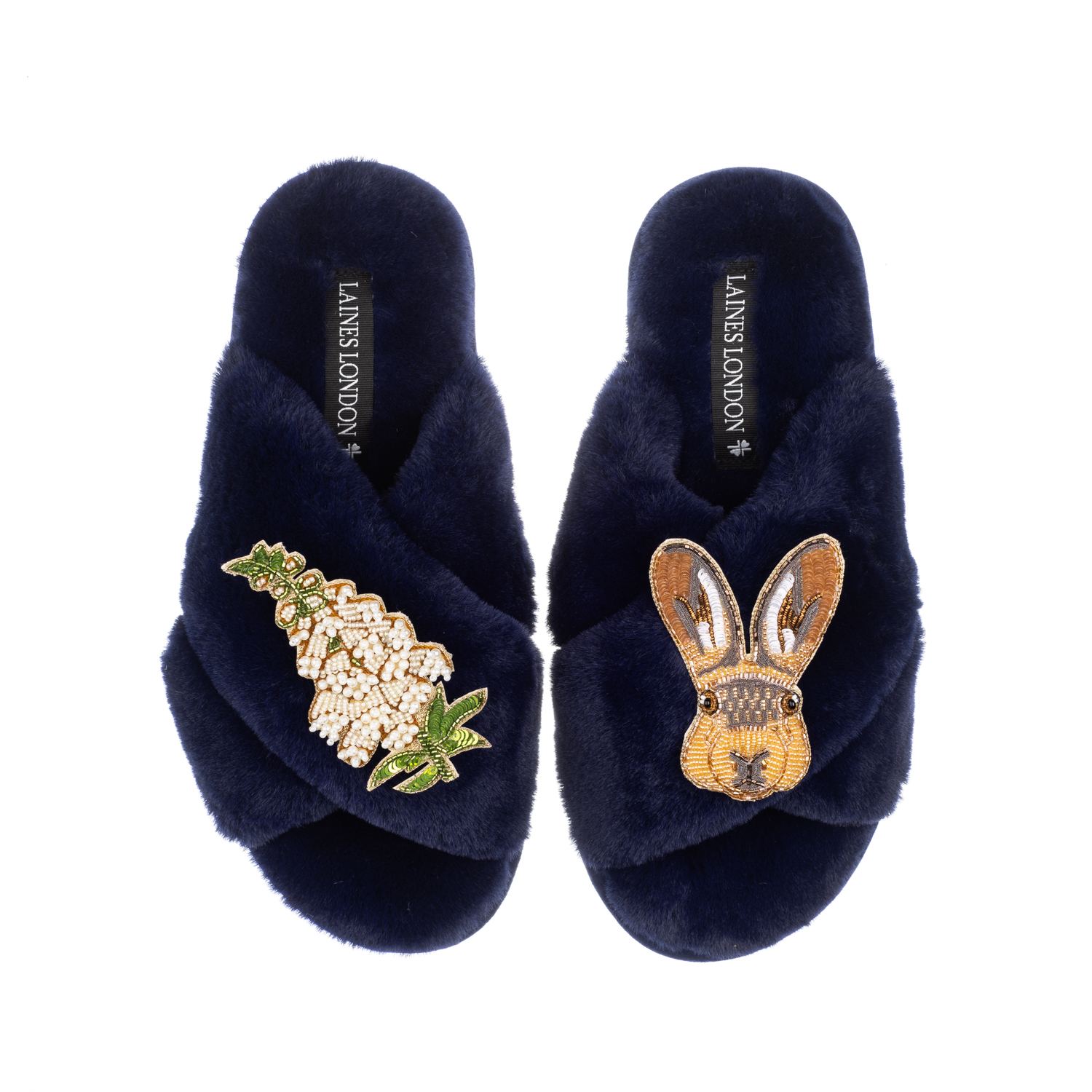 Laines London Women's Blue Classic Laines Slippers With Hare & White Foxglove Flowers Brooches - Navy In Blue