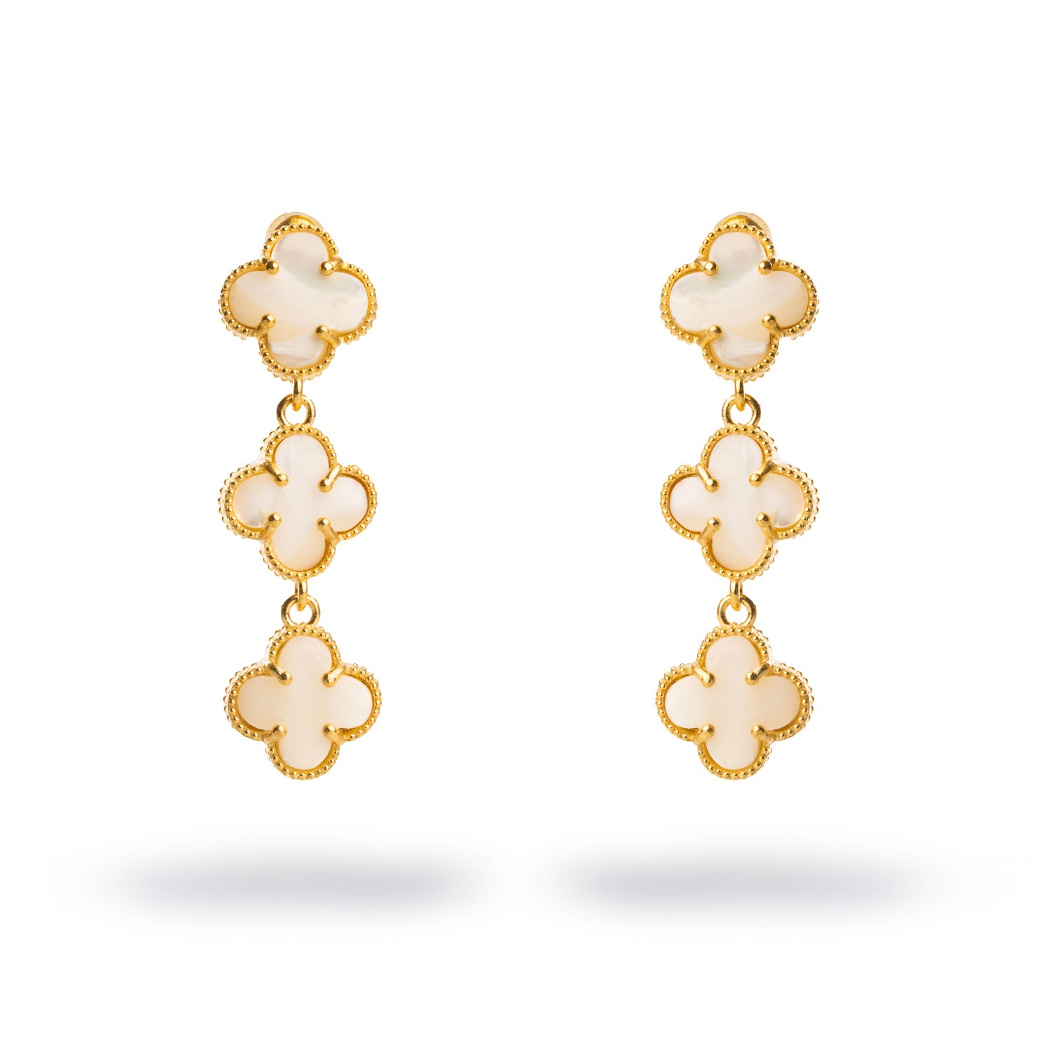 Ebru Jewelry Women's Gold / White Triple Pearl Clover Gold Dangle Elegant Earrings - White