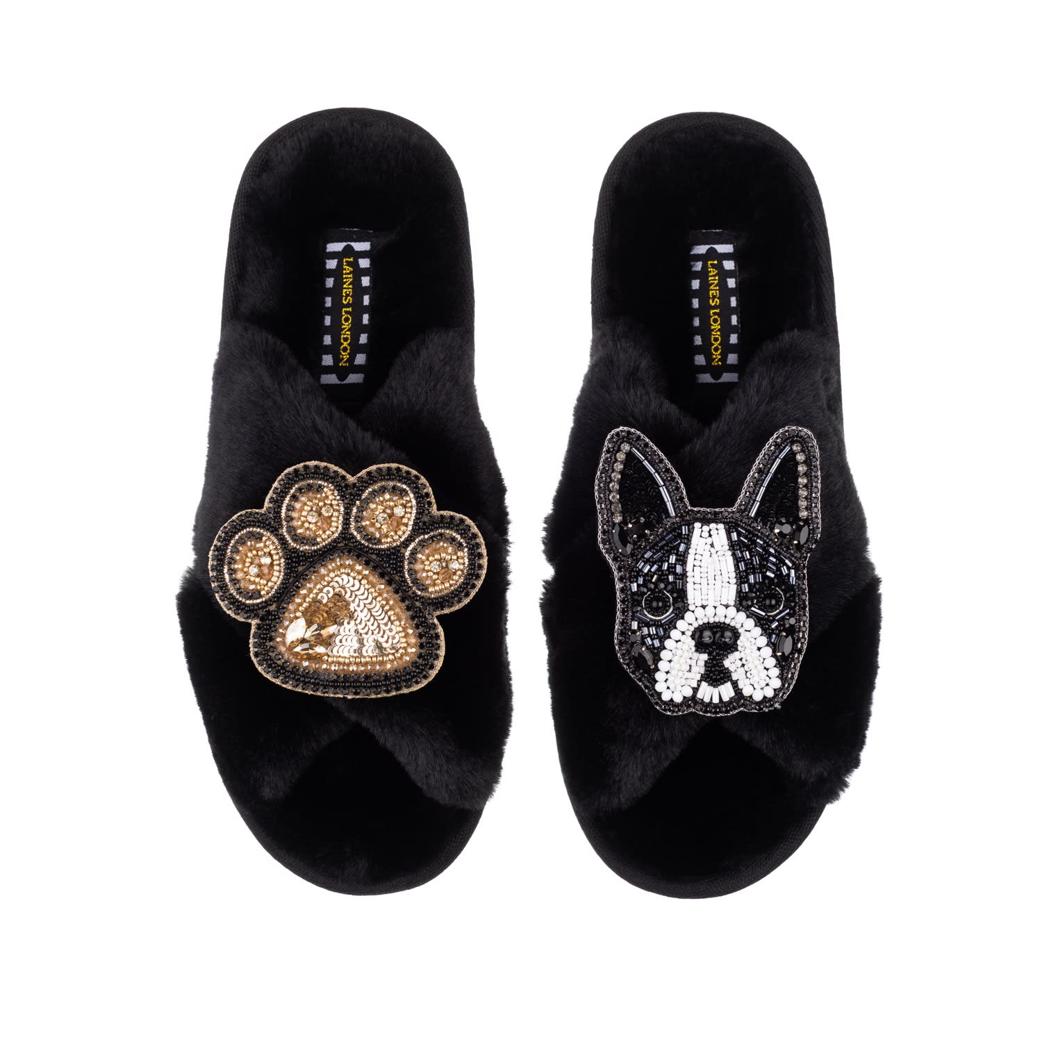 Uitgebreid Inloggegevens importeren Classic Laines Slippers With Buddy Boston Terrier & Paw Brooches - Black |  LAINES LONDON | Wolf & Badger