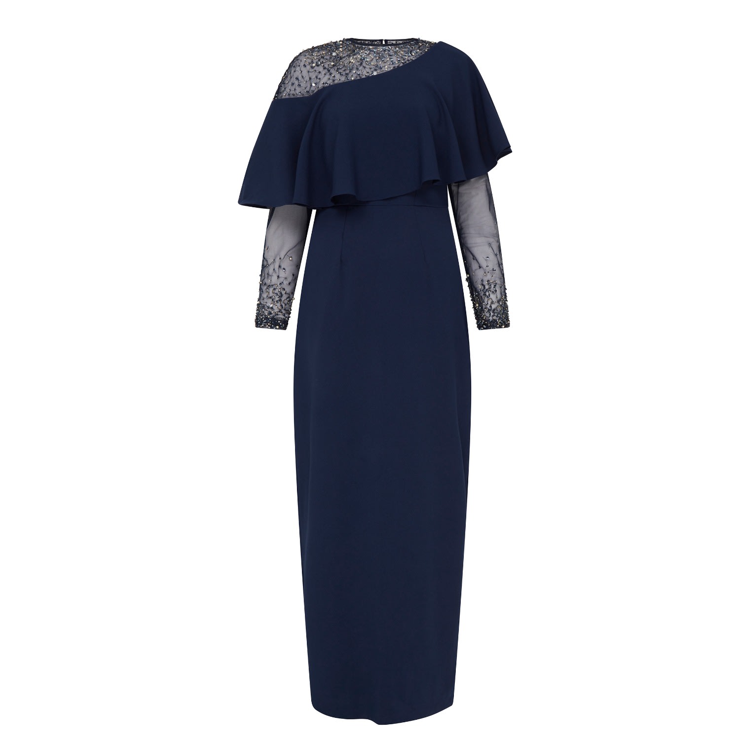 Women’s Blue Quinn Navy Features An Asymmetric Frill Neckline Detail With Sheer Panel Over Shoulders & Three-Quarter Sleeves Gown Extra Small Raishma