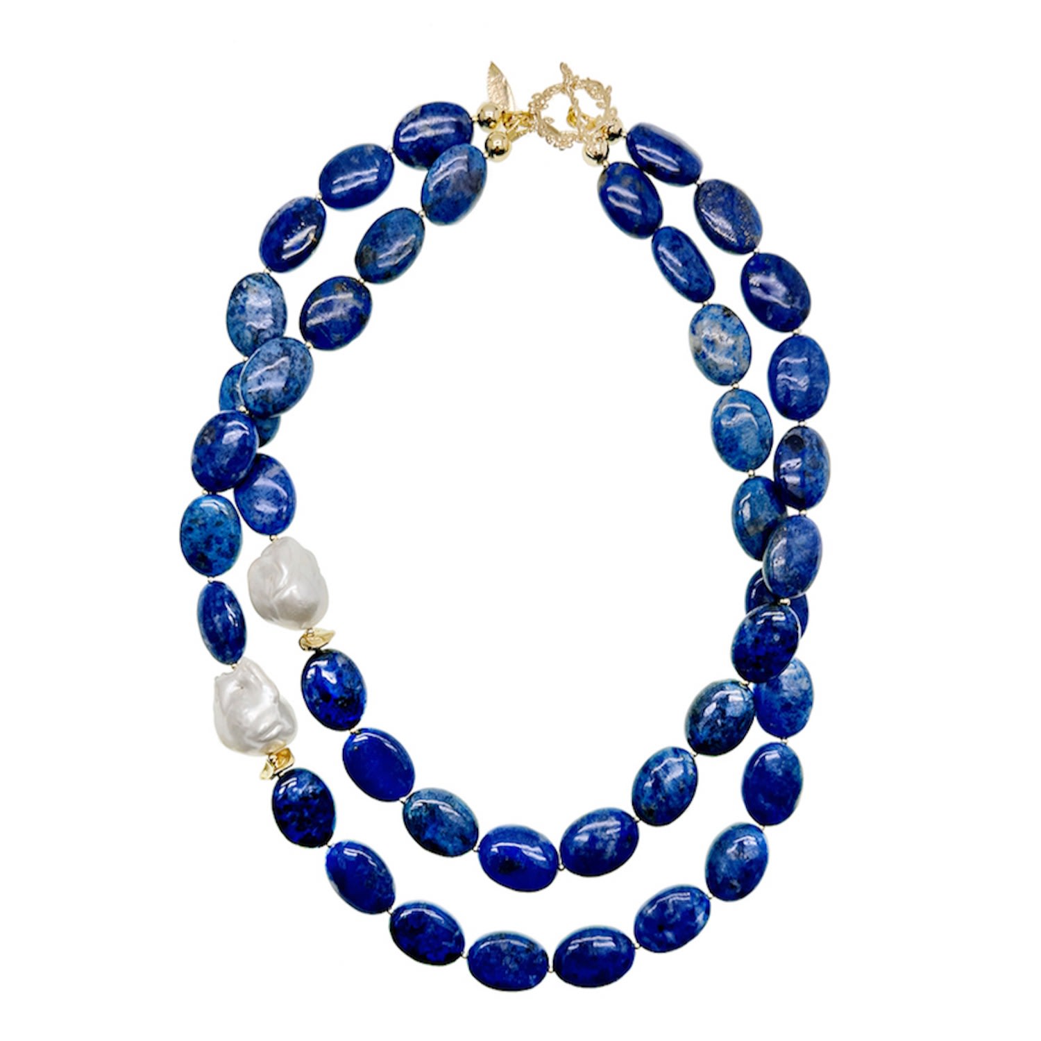 Farra Women's Blue / White Blue Agate With Baroque Pearls Double Wrapped Necklace