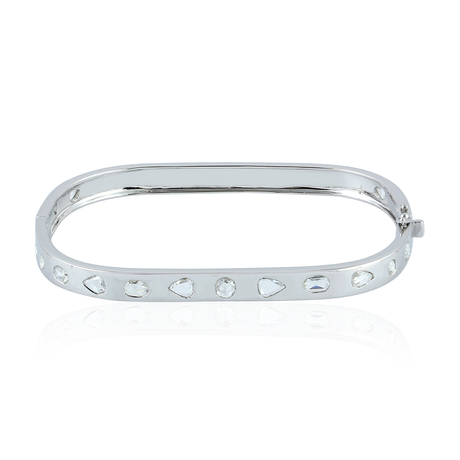 Women’s Natural Rose Cut Diamond Bezel Set In 18K White Gold Designer Bangle Artisan