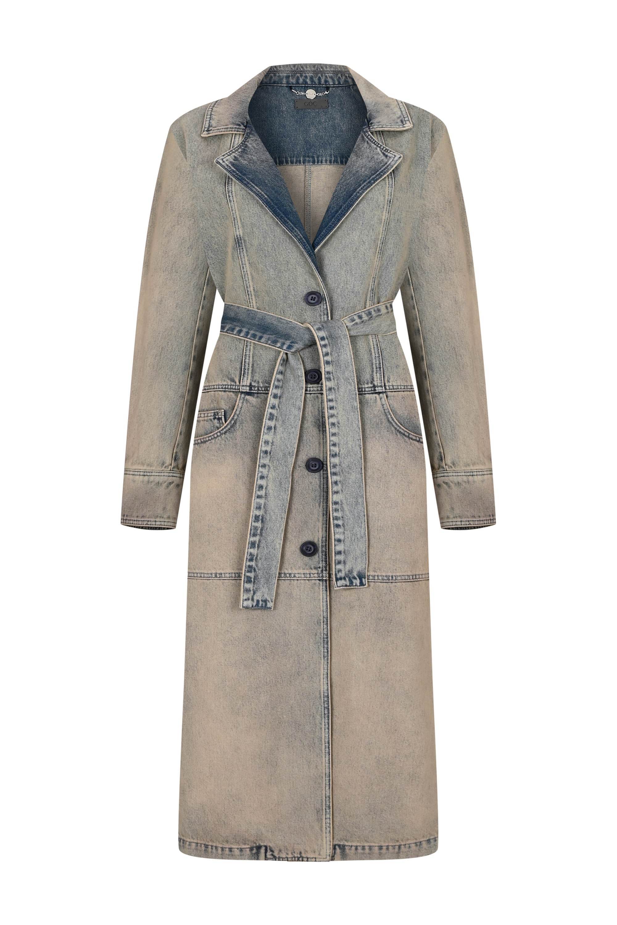 Goc Denim Women's Blue Flocked Denim Trench Coat - Vintage Wash