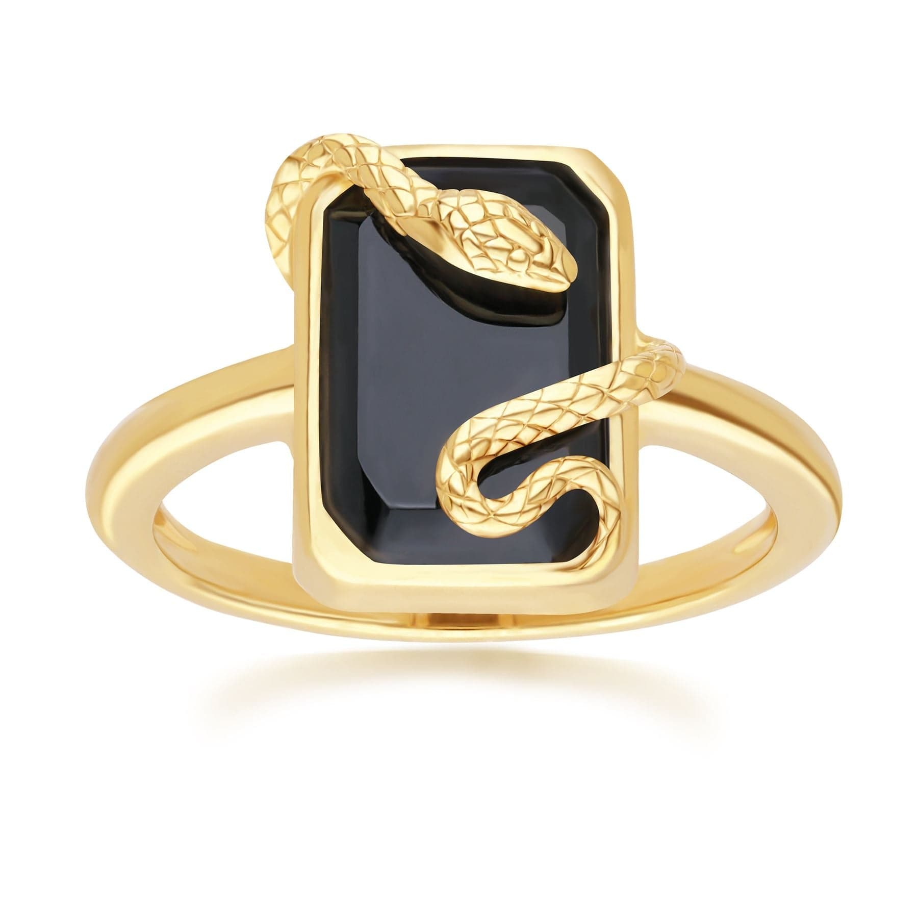 Women’s Gold / Black Black Onyx Snake Wrap Ring In Gold Plated Sterling Silver Gemondo