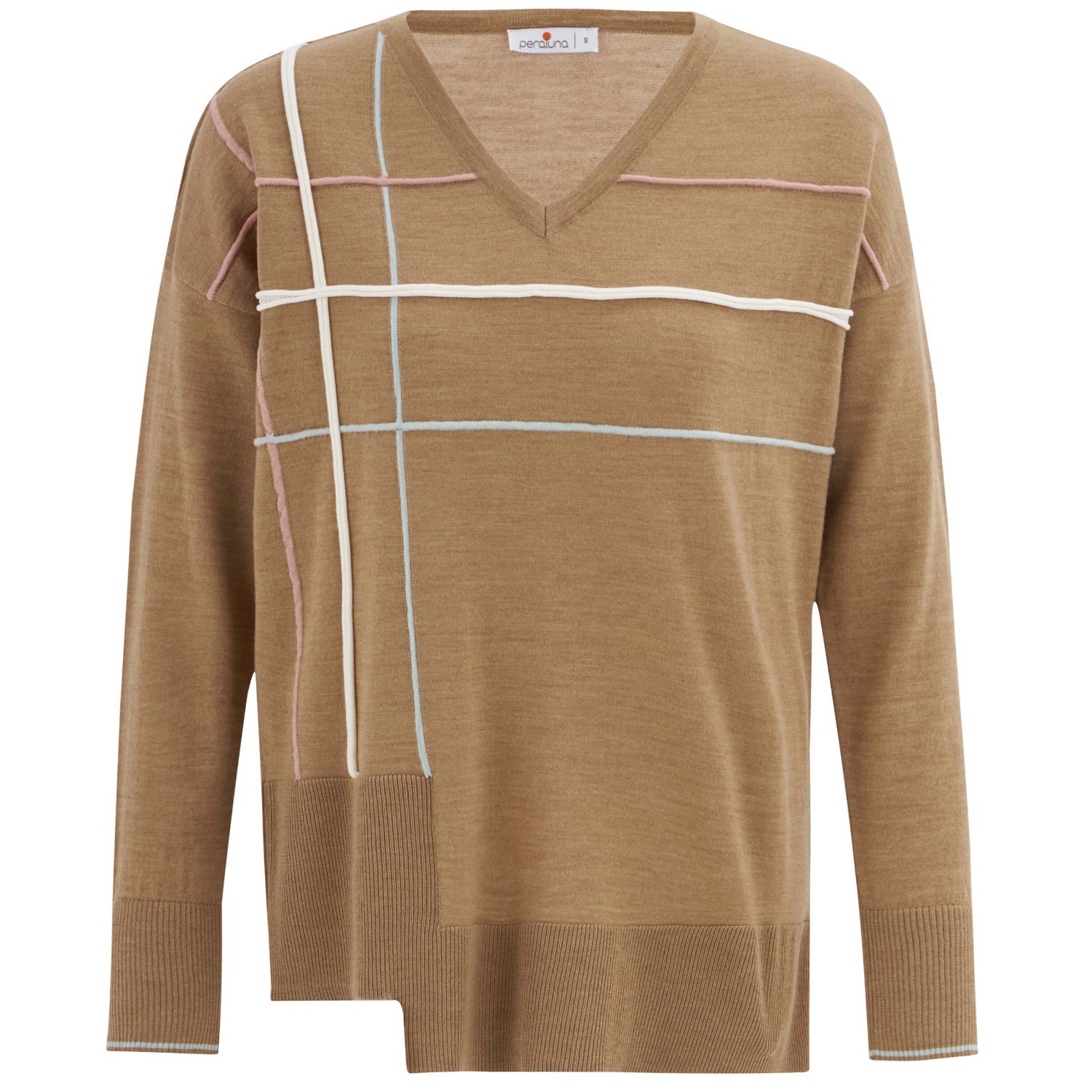 Peraluna Women's Brown Loose Fit V Neck 3d Striped Knit Pullover - Camel Melange In Brown