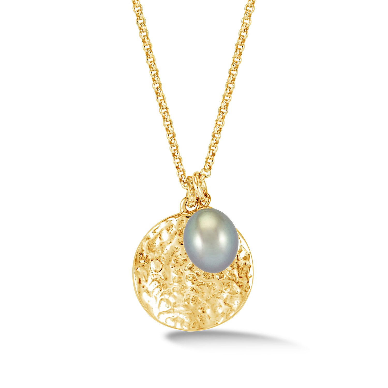 Dower & Hall Women's Hammered Disc & Dove Grey Freshwater Pearl Pendant In Gold Vermeil