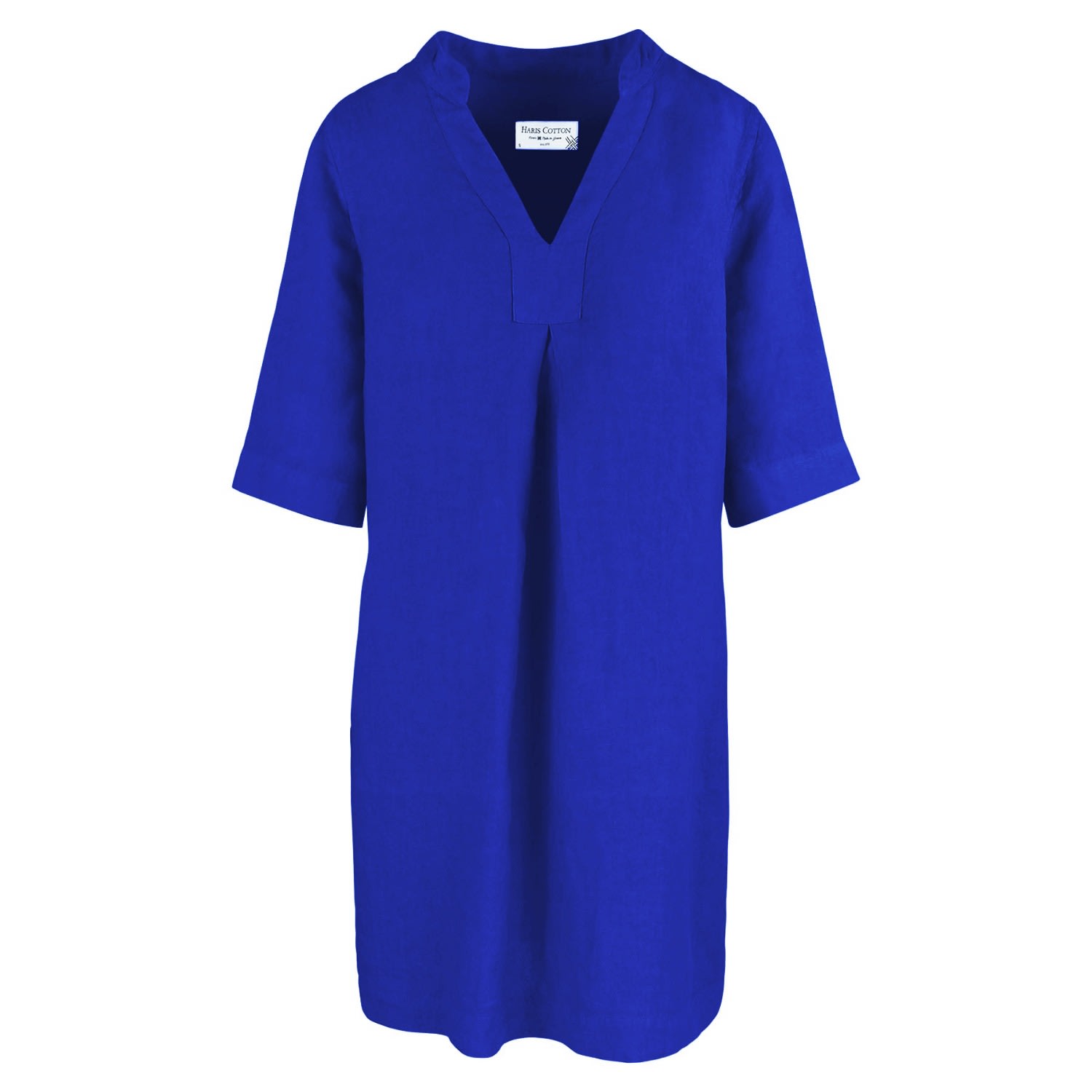 Haris Cotton Women's Blue “v” Neck Line Linen Dress - Lapis