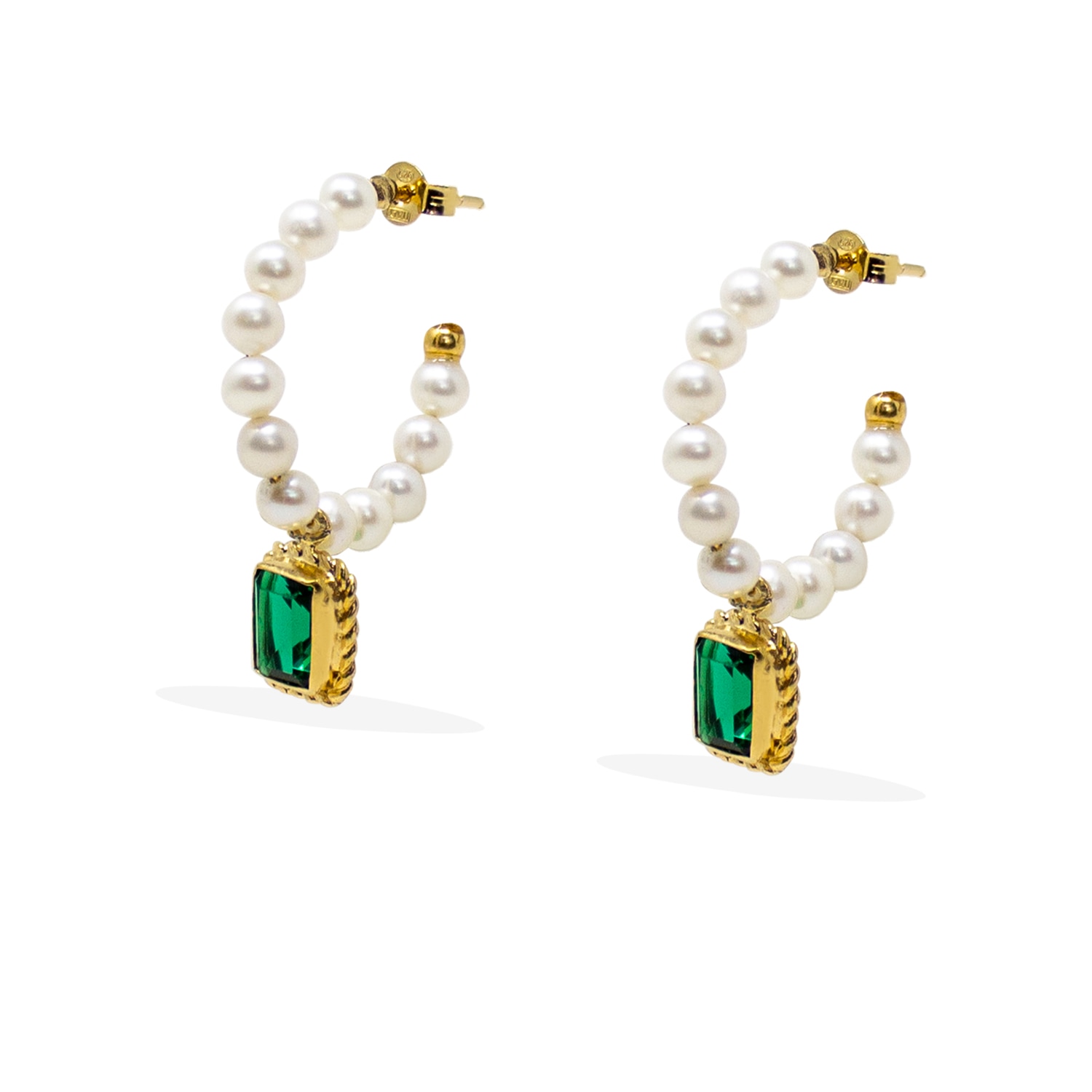 Women’s White / Green / Gold Luccichio Green Quartz And Pearl Hoop Earrings Vintouch Italy