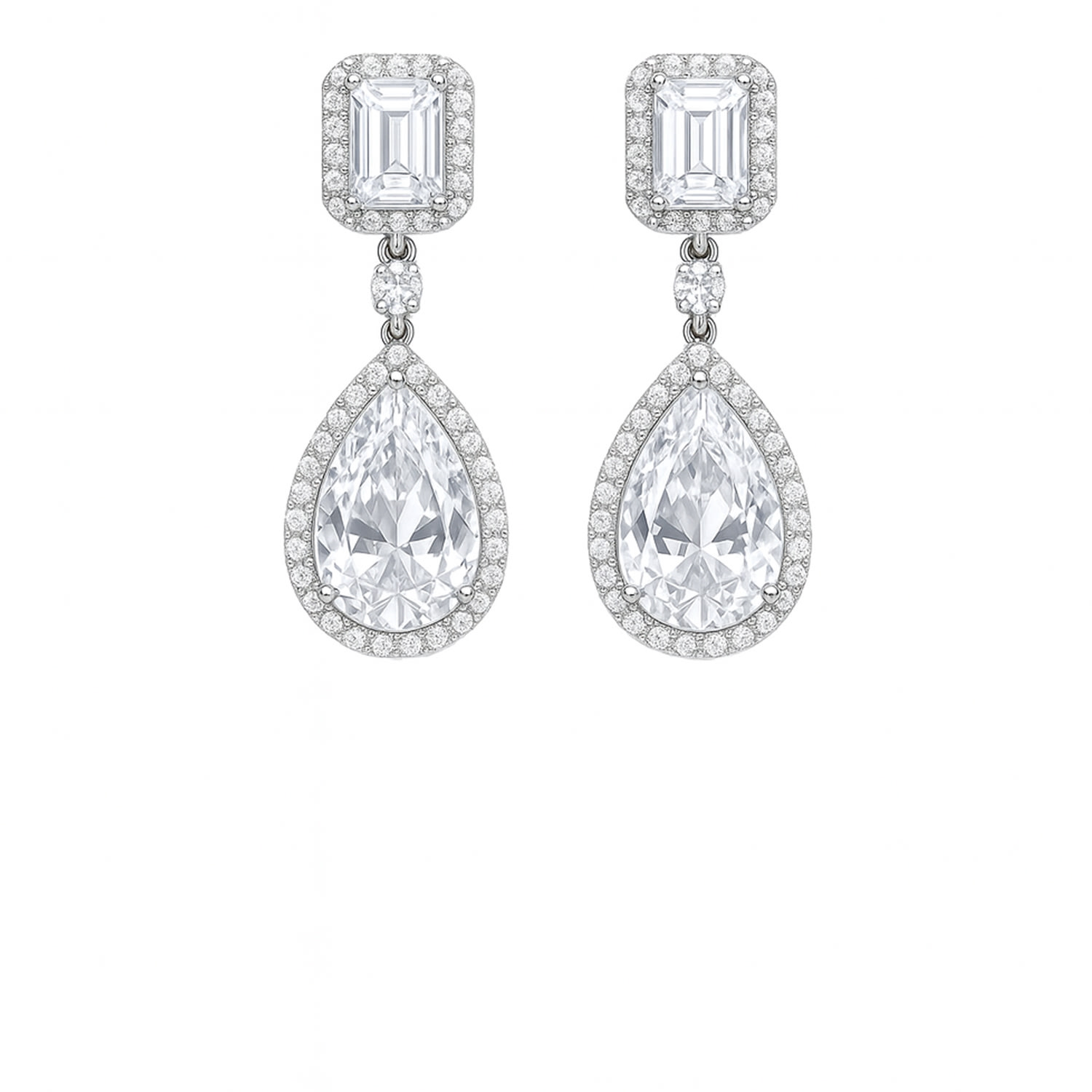 The Gala Women's White / Silver Emerald-cut & Pear Halo Drop Earrings In White