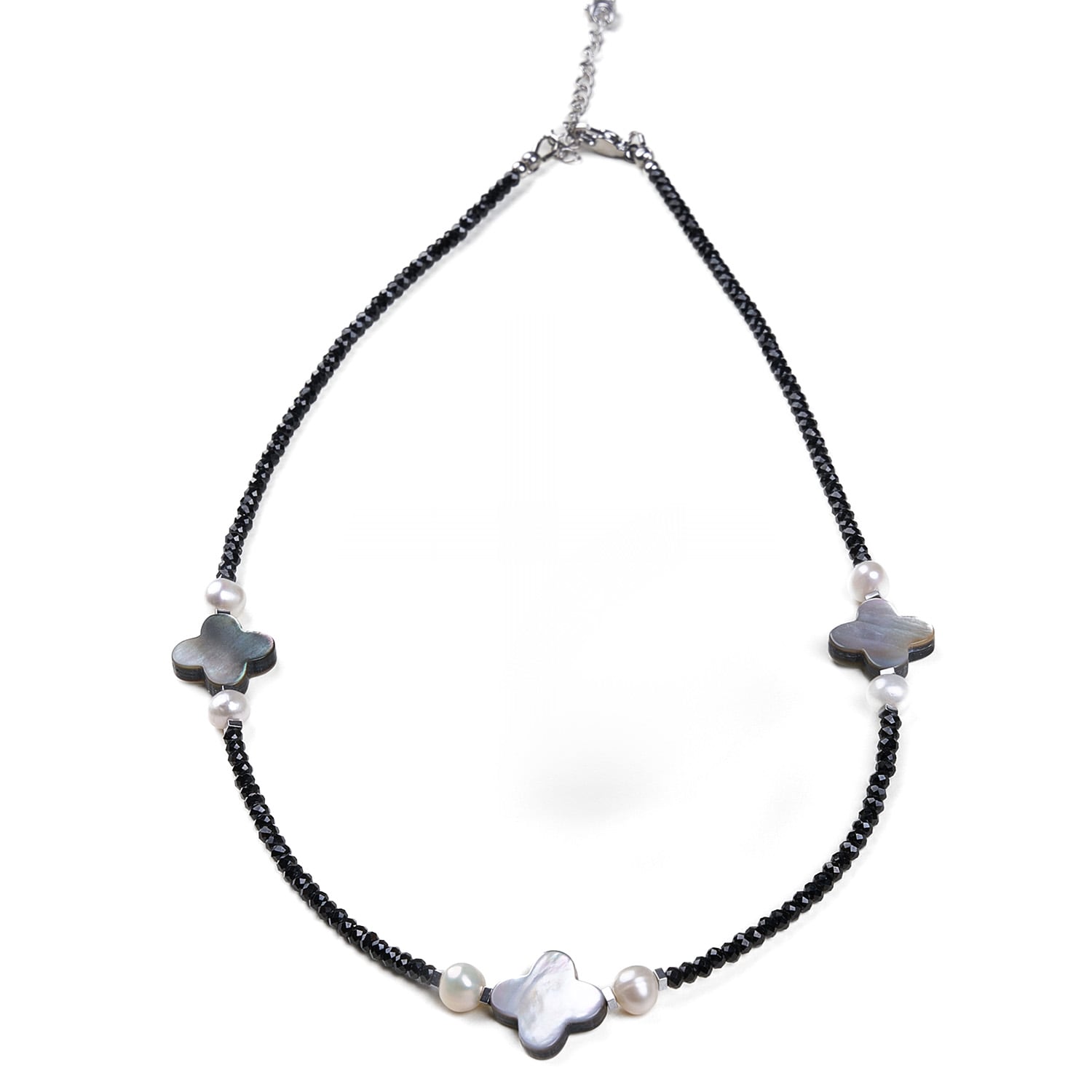 Mayfair Pearls Women's Black / White / Silver Clover Charm Necklace With Black Quartz & Freshwater Pearls