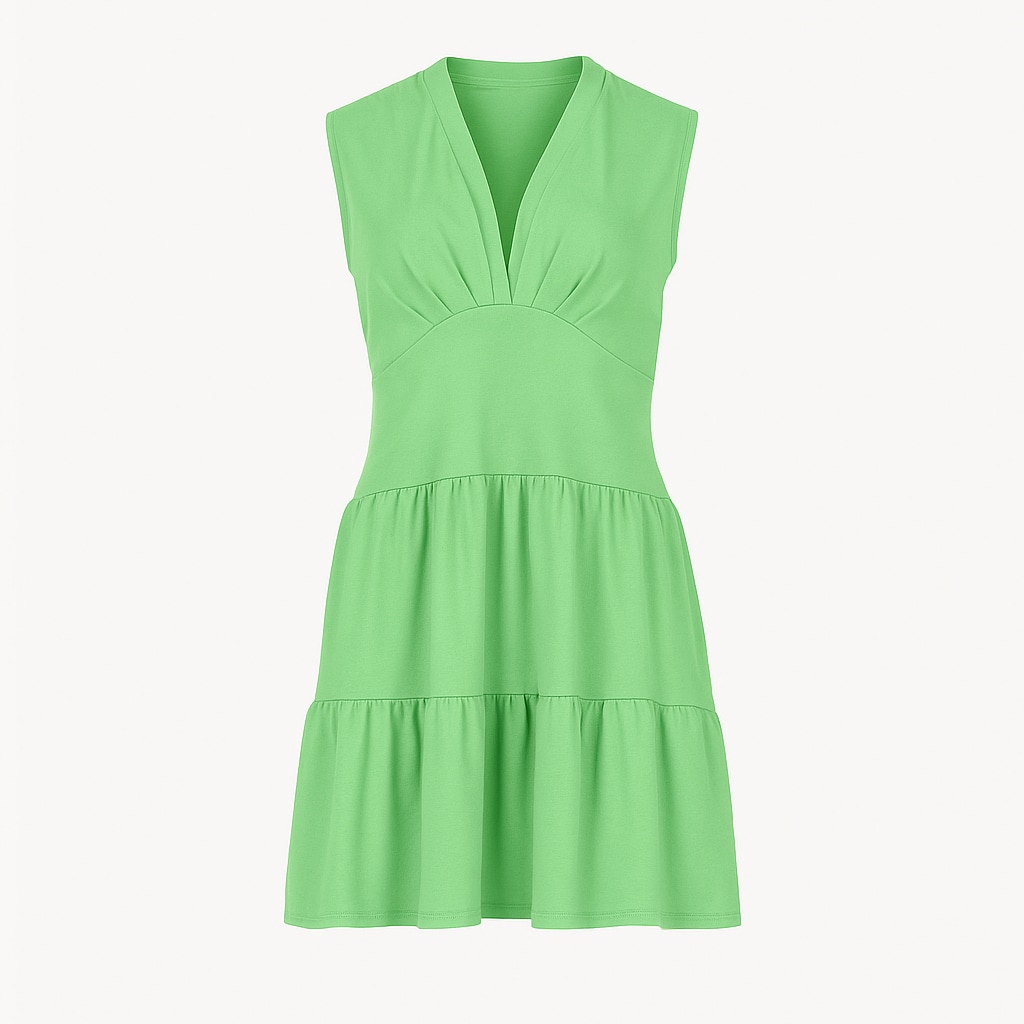 Conquista Women's Green Sleeveless V-neck Jersey Dress – Loose Fit, Knee-length