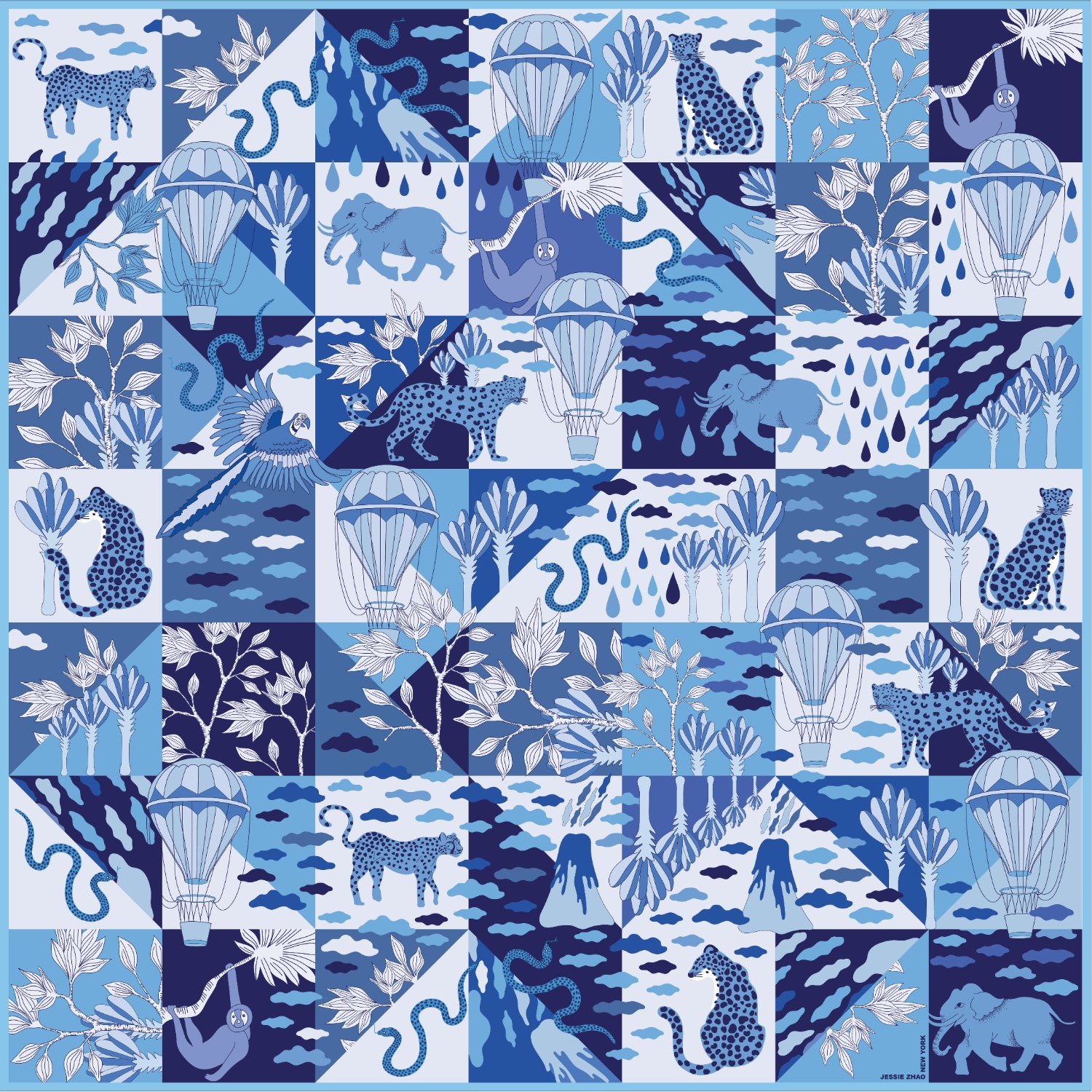 Jessie Zhao New York Double Sided Silk Scarf Of Rainforest Imagination In Blue