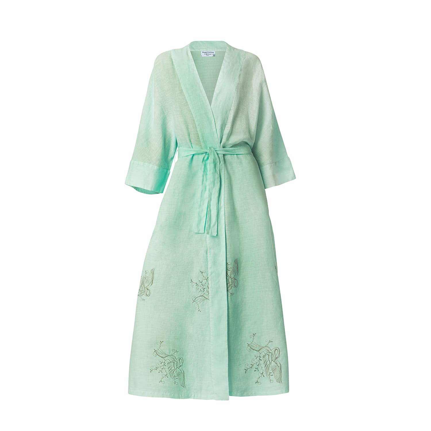 Haris Cotton Women's Green Embroidered Linen Kimono With Belt Mint-olive In Green