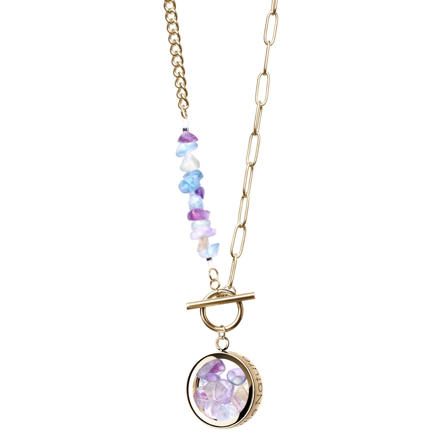 My Little Nature Women's Fluorite Necklace With Gold Plated Beaded Chain And Charm - Toggle Necklace -birthstone Neck
