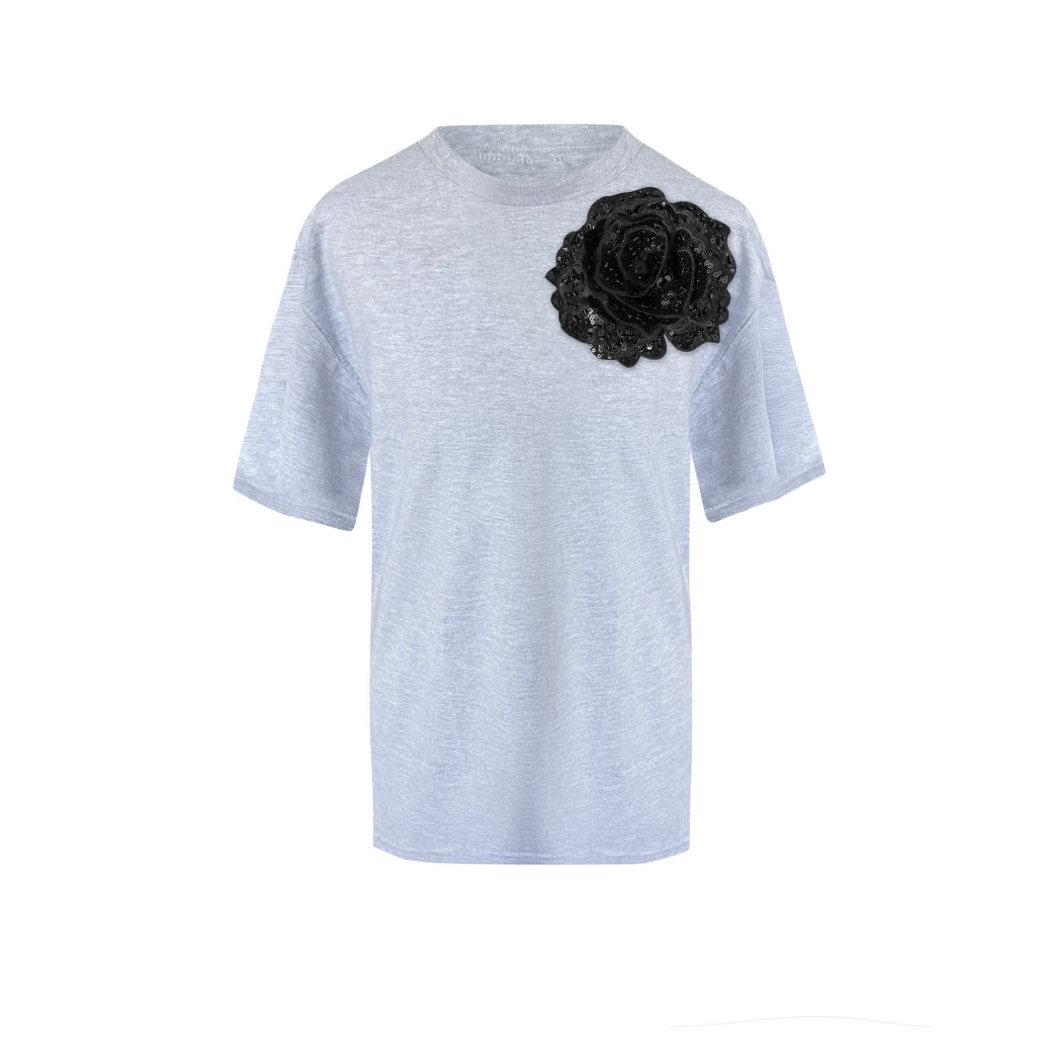 Toma Women's Flower Grey Cotton T-shirt With Top Side Black Sequin Rose In Blue