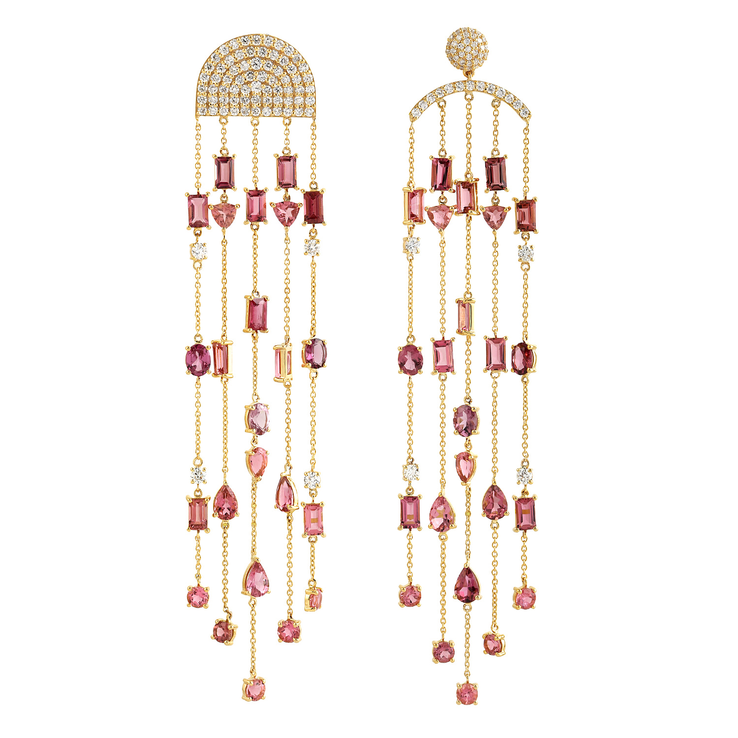 Women’s White / Pink / Purple Baguette & Multi Shape Tourmaline With Diamond Chandelier Earrings In 14K Yellow Gold Artisan