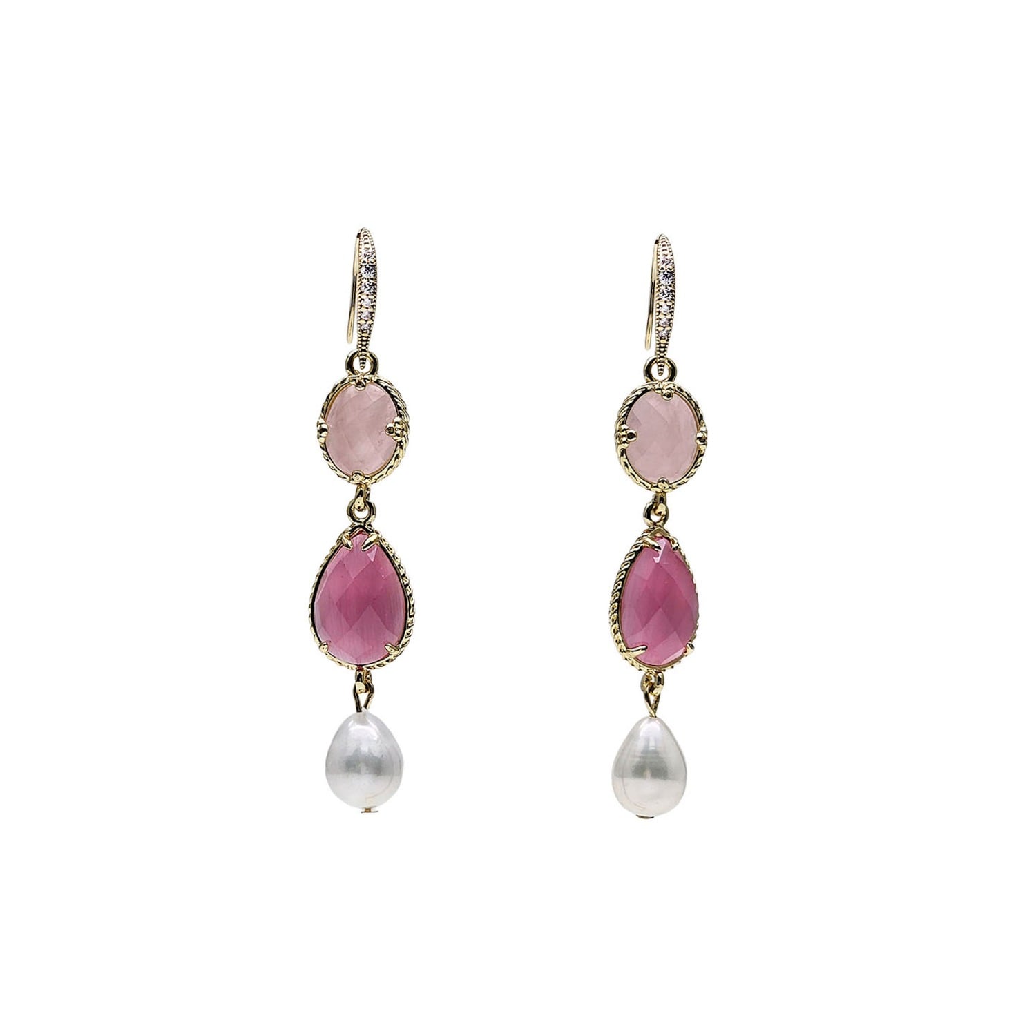 Farra Women's Pink Rose Quartz With Pearls Feminine Dangle Earrings In Pink