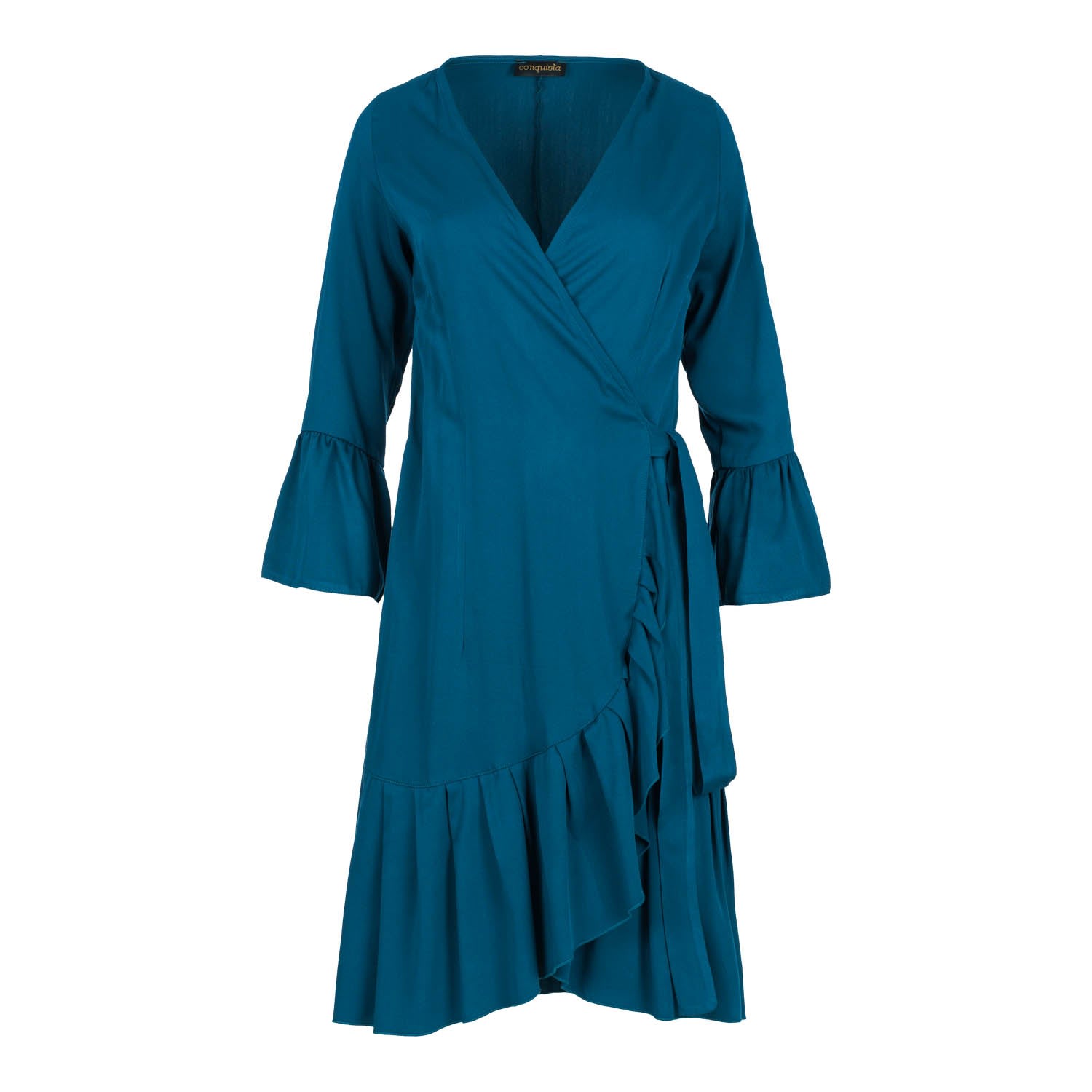 Conquista Women's Blue Petrol Wrap Dress Viscose With Bell Sleeves. In Blue