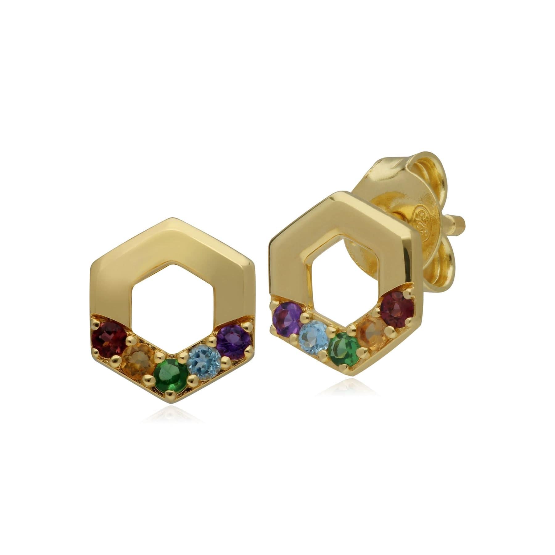 Women’s Rainbow Hexagon Stud Earrings In Gold Plated Sterling Silver Gemondo