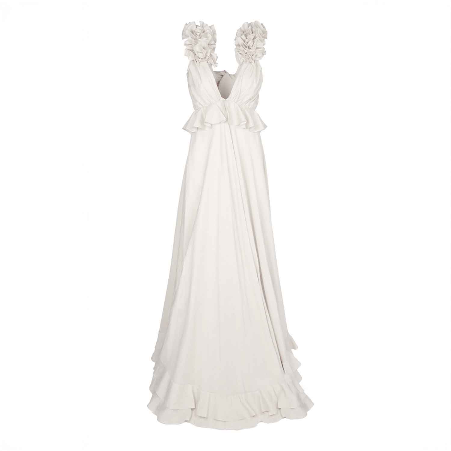 Monarh Women's Ruffled Maxi Dress With Deep V Neckline – White In White