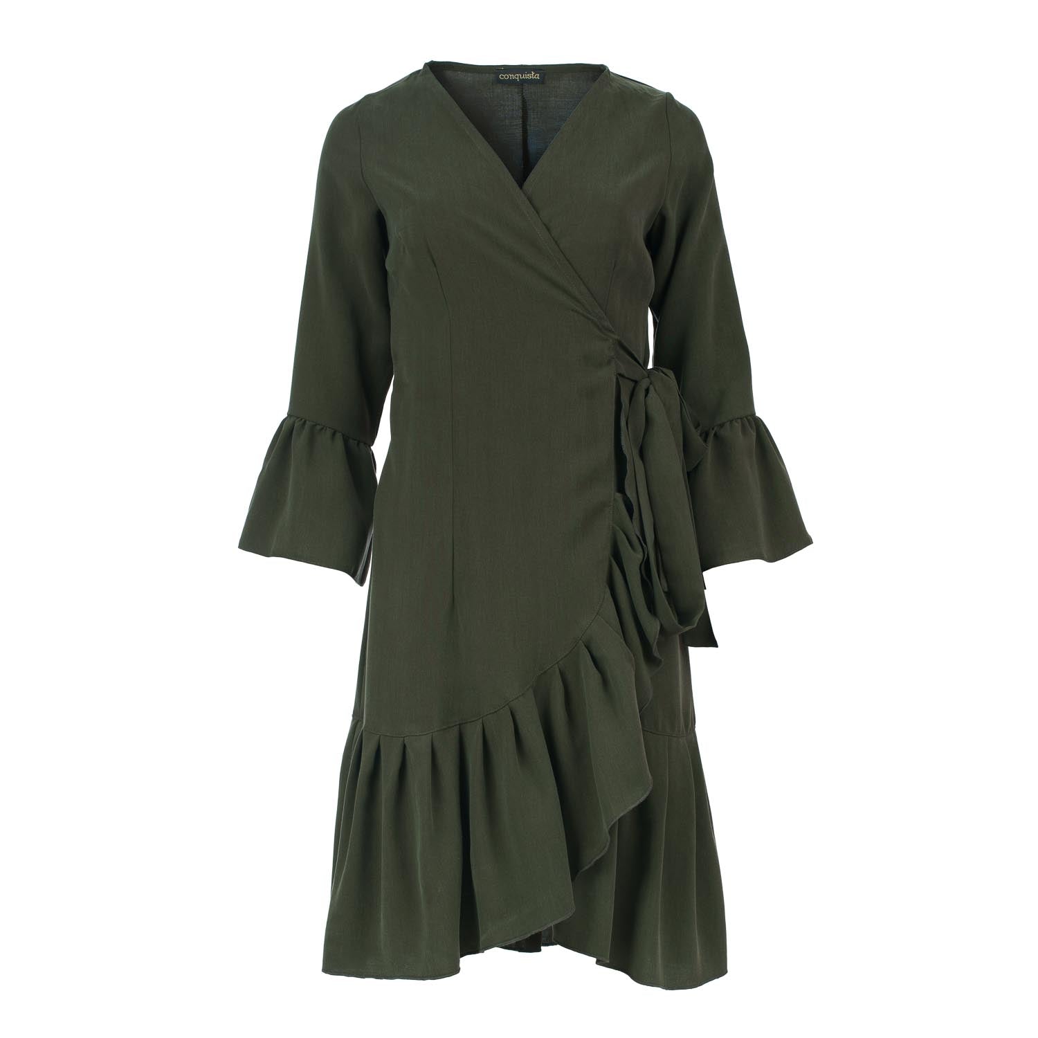 Conquista Women's Green Dark Olive Wrap Dress With Ruffle Detail – Viscose Blend In Green