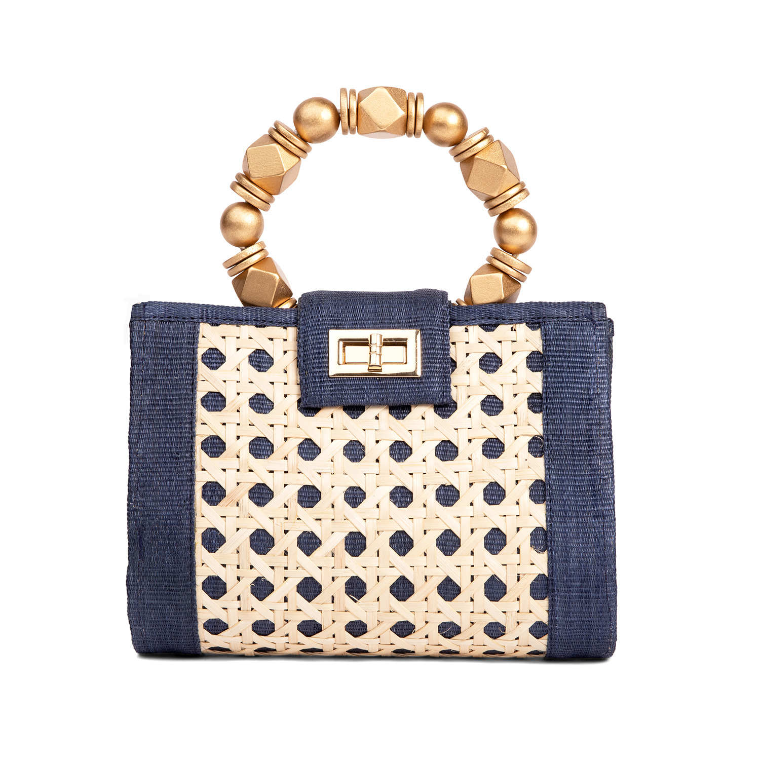 Blue & Gold Rattan Woven Handbag