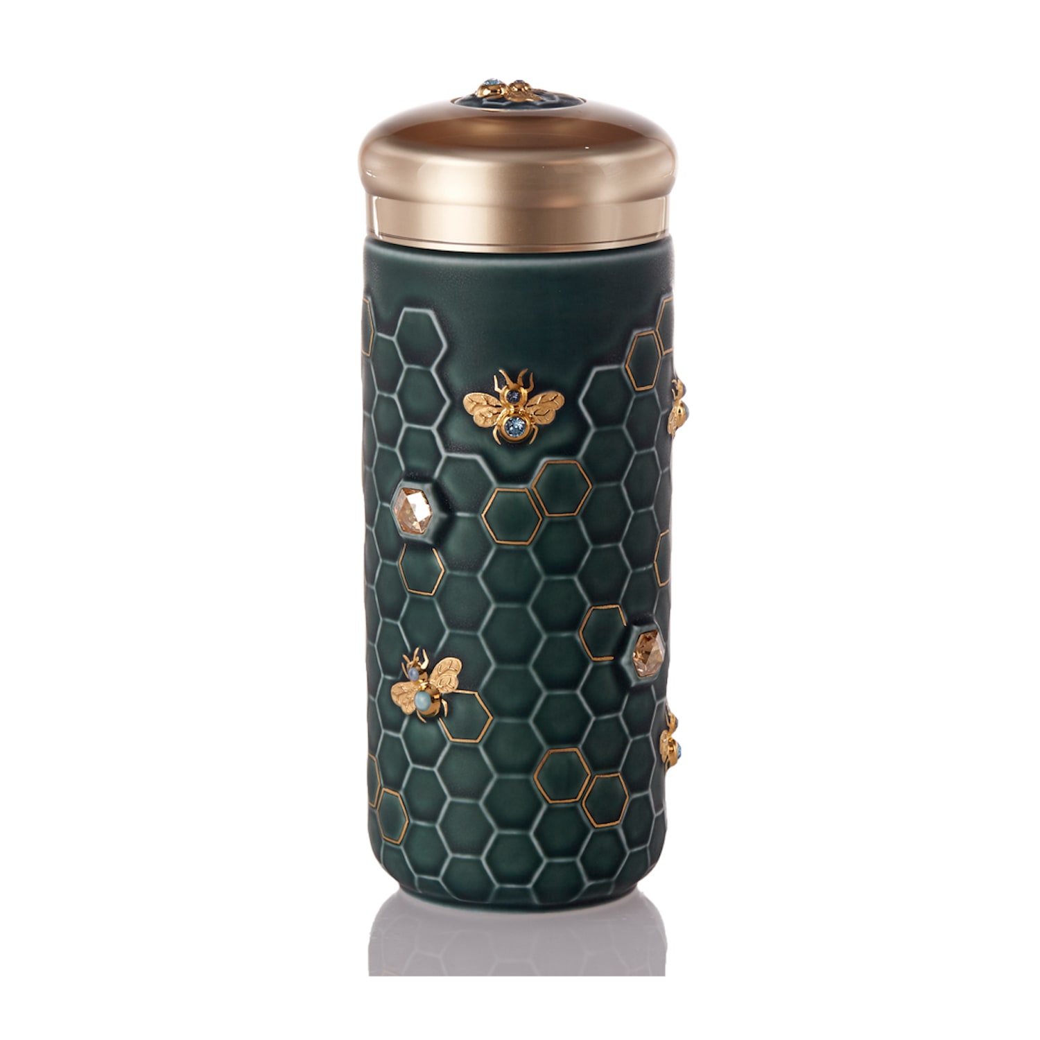 Gold / Green Honey Bee Travel Mug With Crystals - Gold And Peacock Green Acera