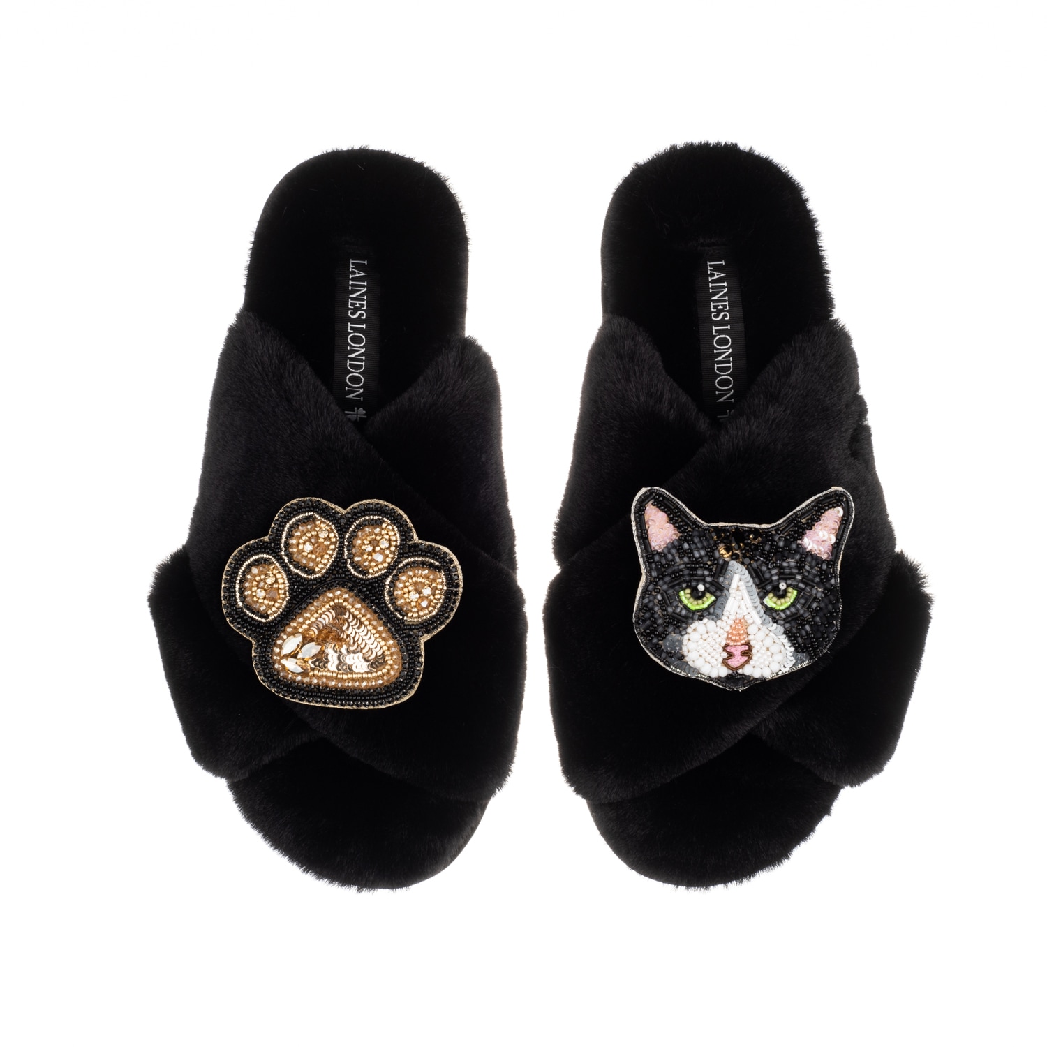 Laines London Women's Classic Laines Slippers With Oreo Cat & Paw Brooches - Black In Black