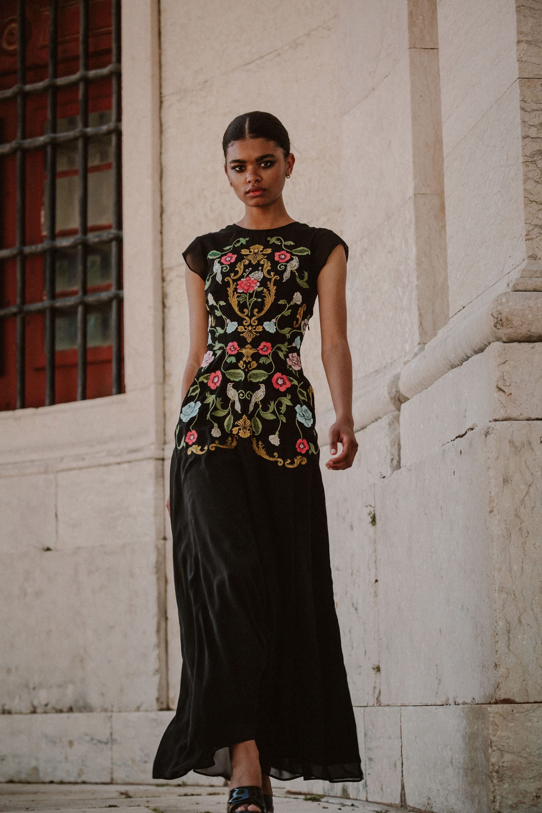 black embroidered dress