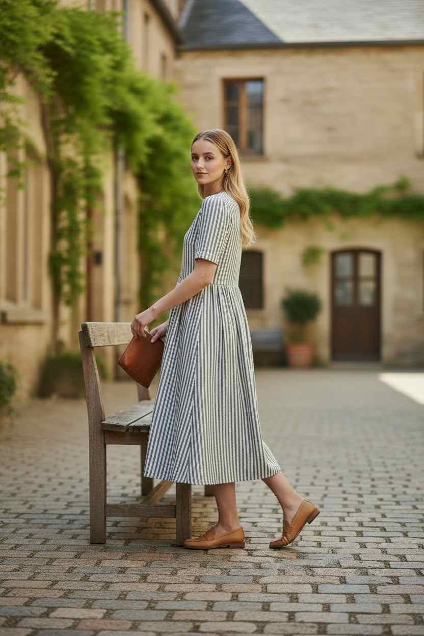 Flora Dress – Blue Stripe Cotton by Beira