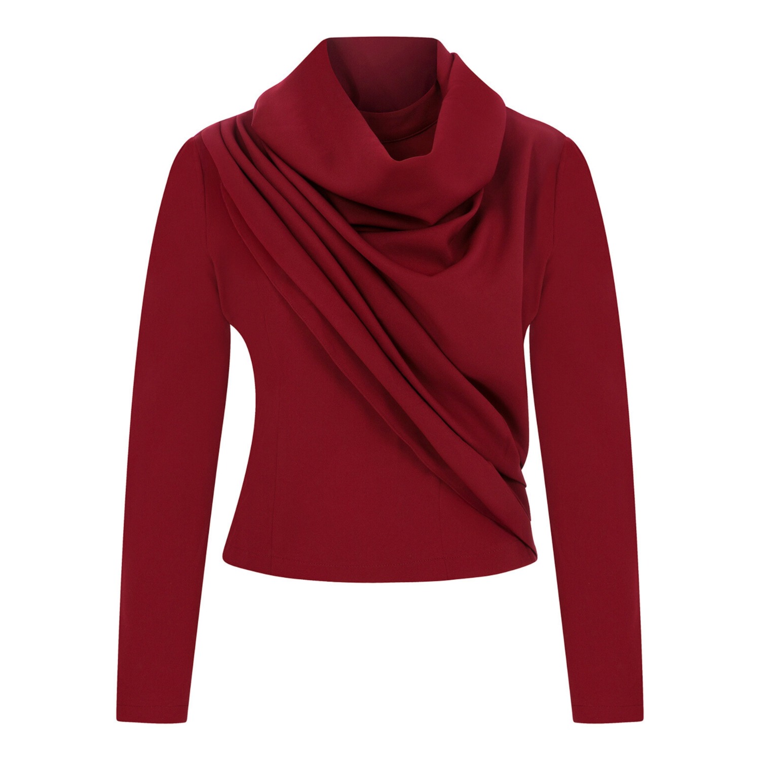 Maan Istanbul Women's Red Draped Cowl Neck Long Sleeve Top Burgundy Blouse - Aria In Brown