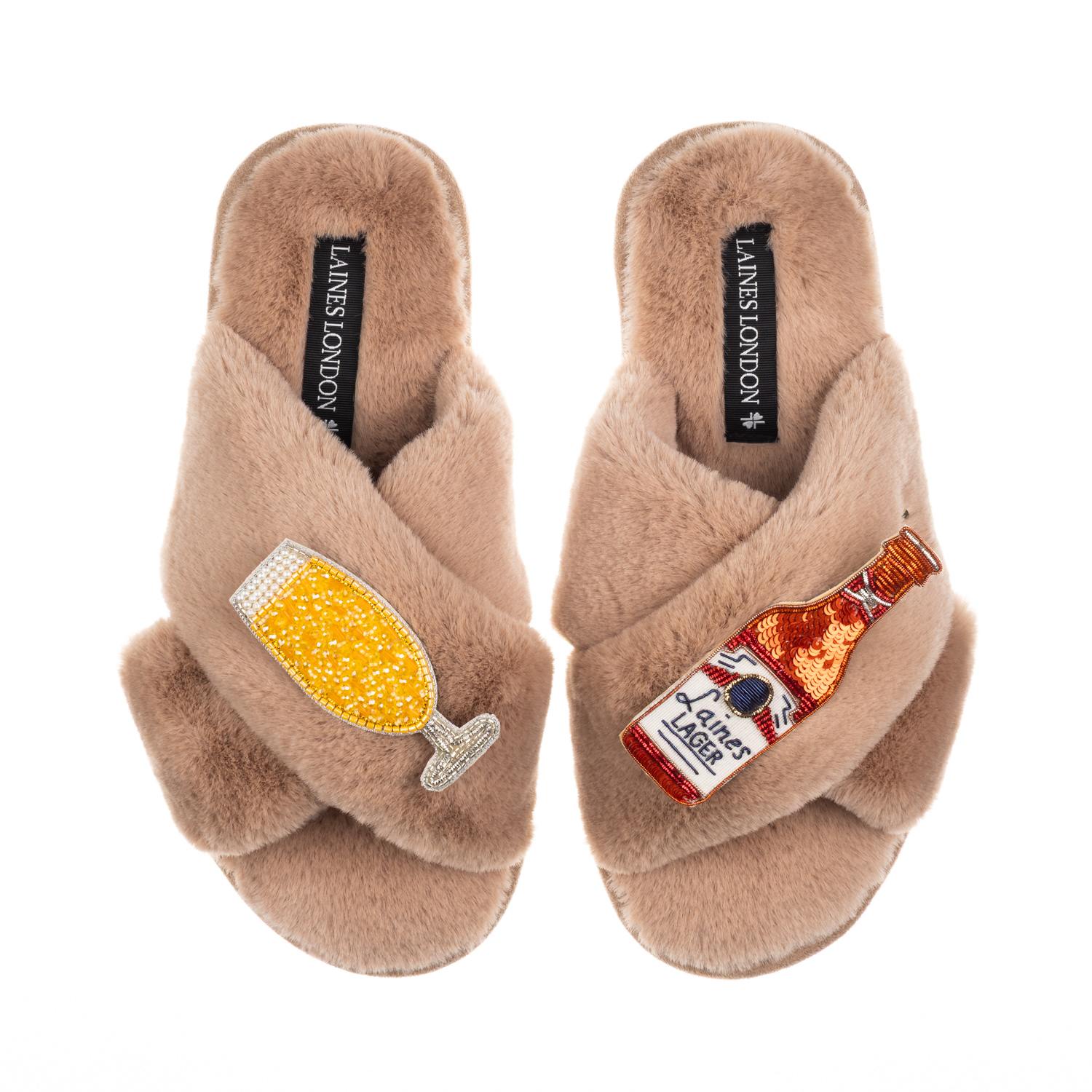Laines London Women's Brown / Neutrals Classic Laines Slippers With Laines American Lager Brooches - Toffee In Brown