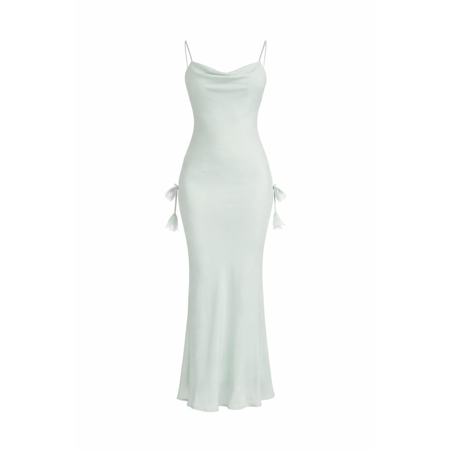 Women's Lyra Chiffon Open Back Dress With Petal Cascade - Sage Green | Large | Icon Leva