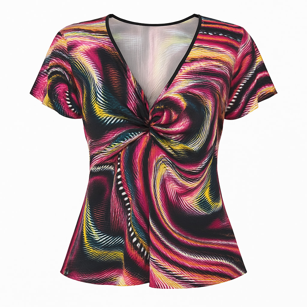 Conquista Women's Knot Front Jersey Top With Vibrant Print