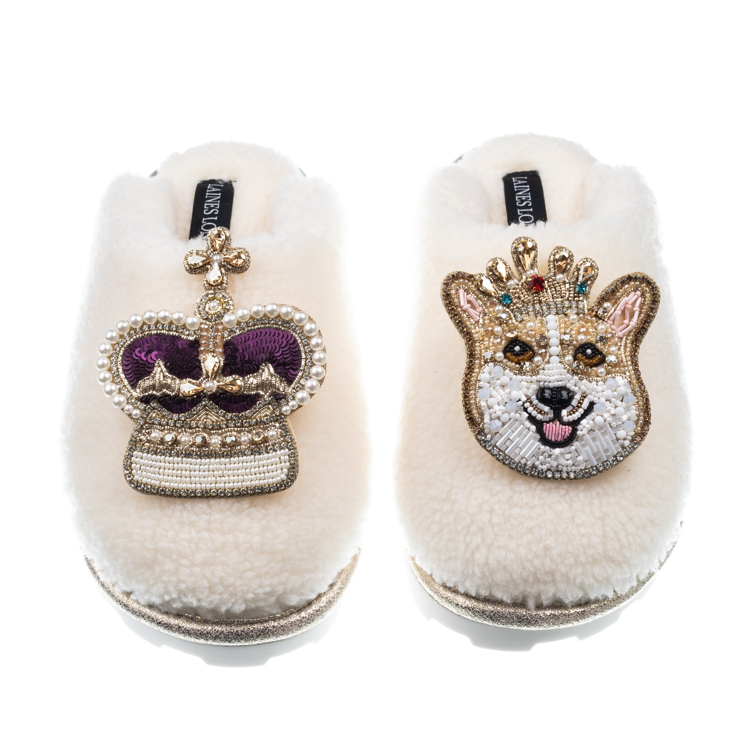 Laines London Women's White Teddy Closed Toe Slippers With Corgi & Crown Brooches - Cream