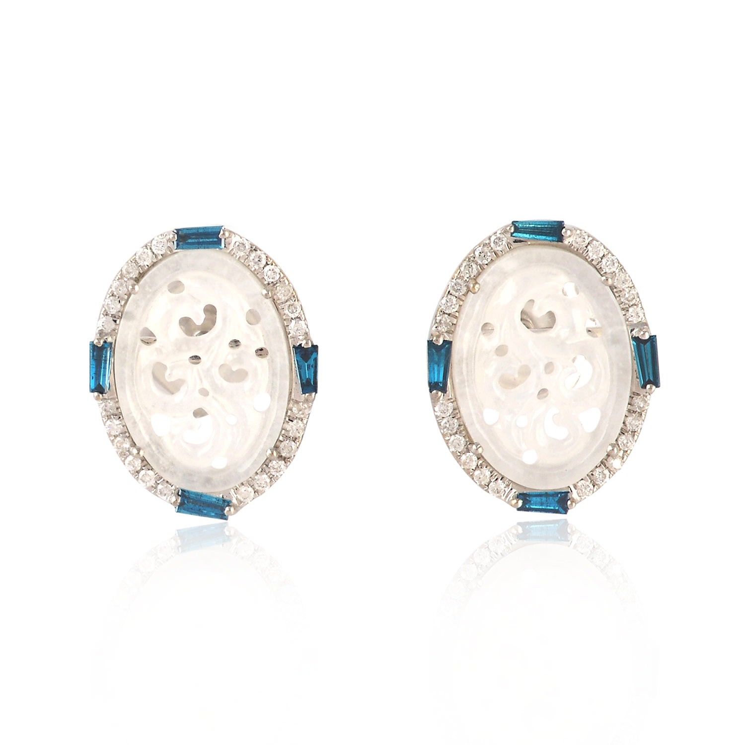 Artisan Women's White / Gold / Blue Elegant Jade And Diamond Stud Earrings In 18k White Gold In Metallic