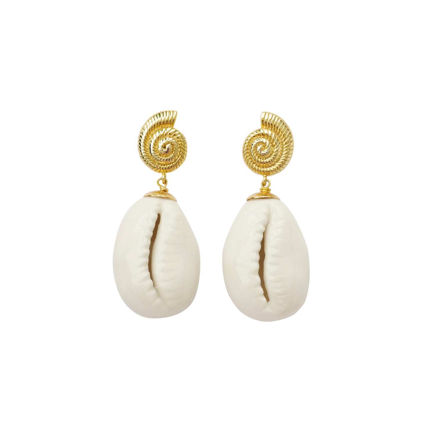 Poporcelain Women's White / Gold Porcelain Cowrie Shell Teardrop Earrings In Multi