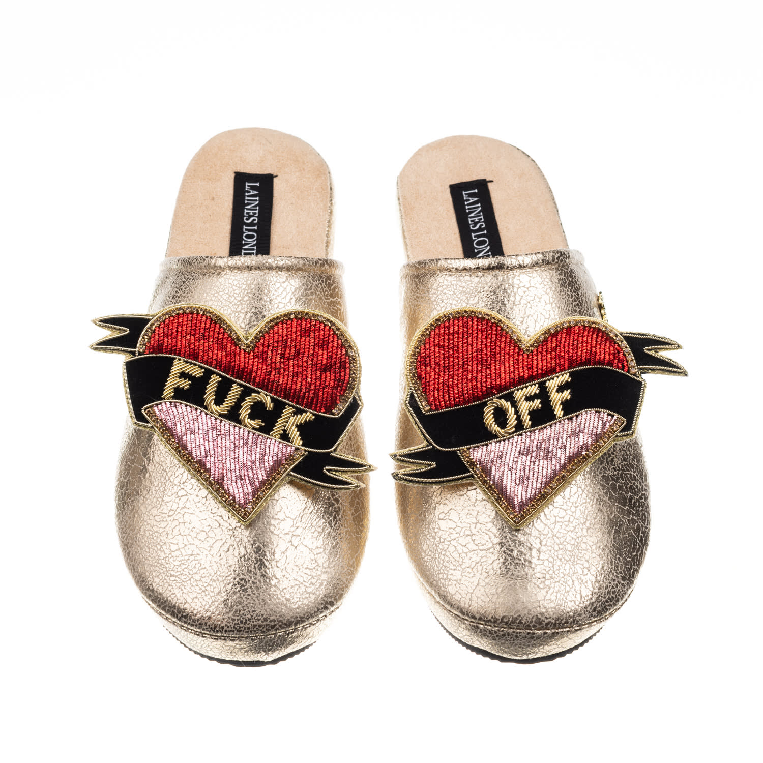 Laines London Women's  Gold Softie Slippers With Fuck Off Brooches In Gold
