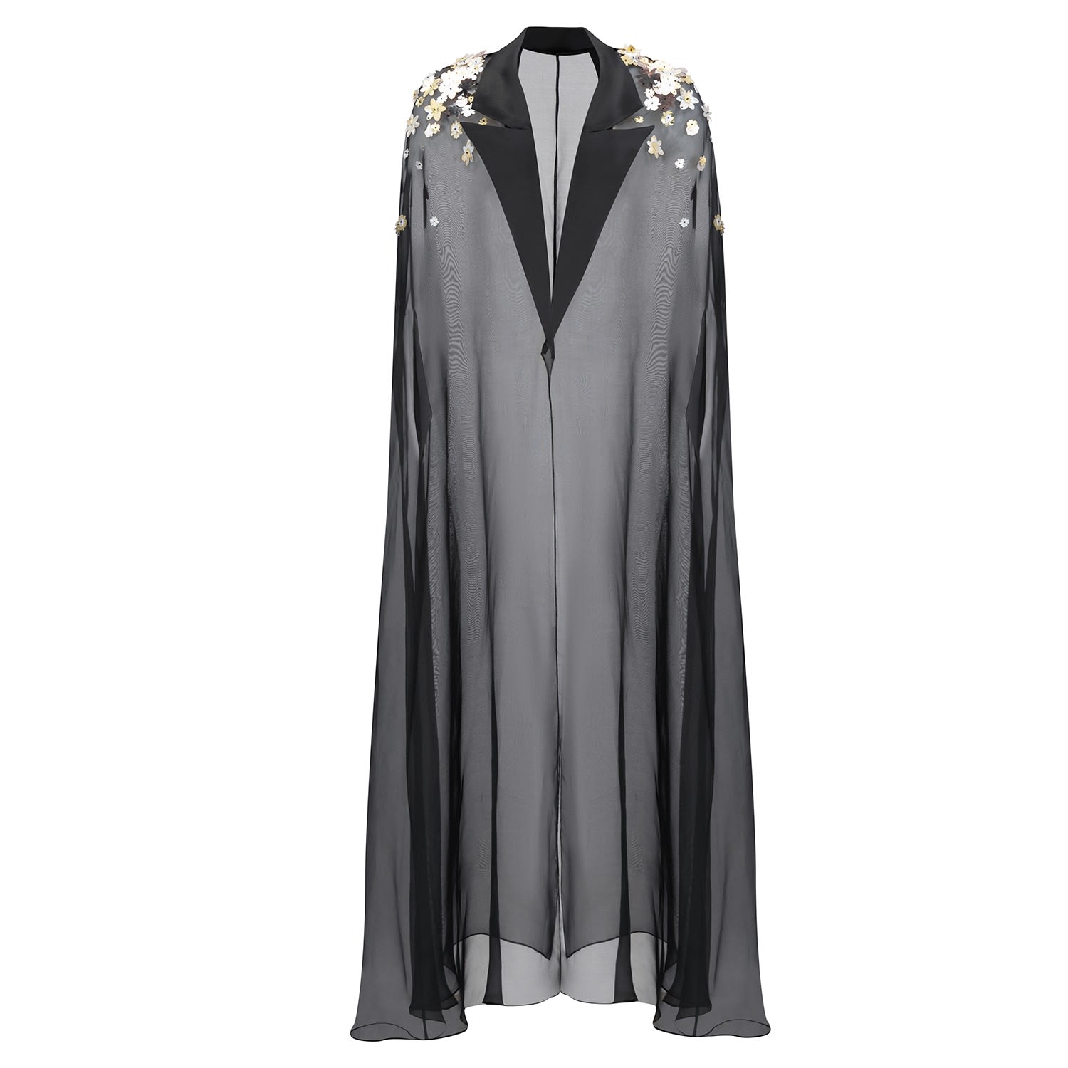 Women’s Black Organza Abaya With Lapel Collar And Three-D Metallic Embriodery One Size Azzalia