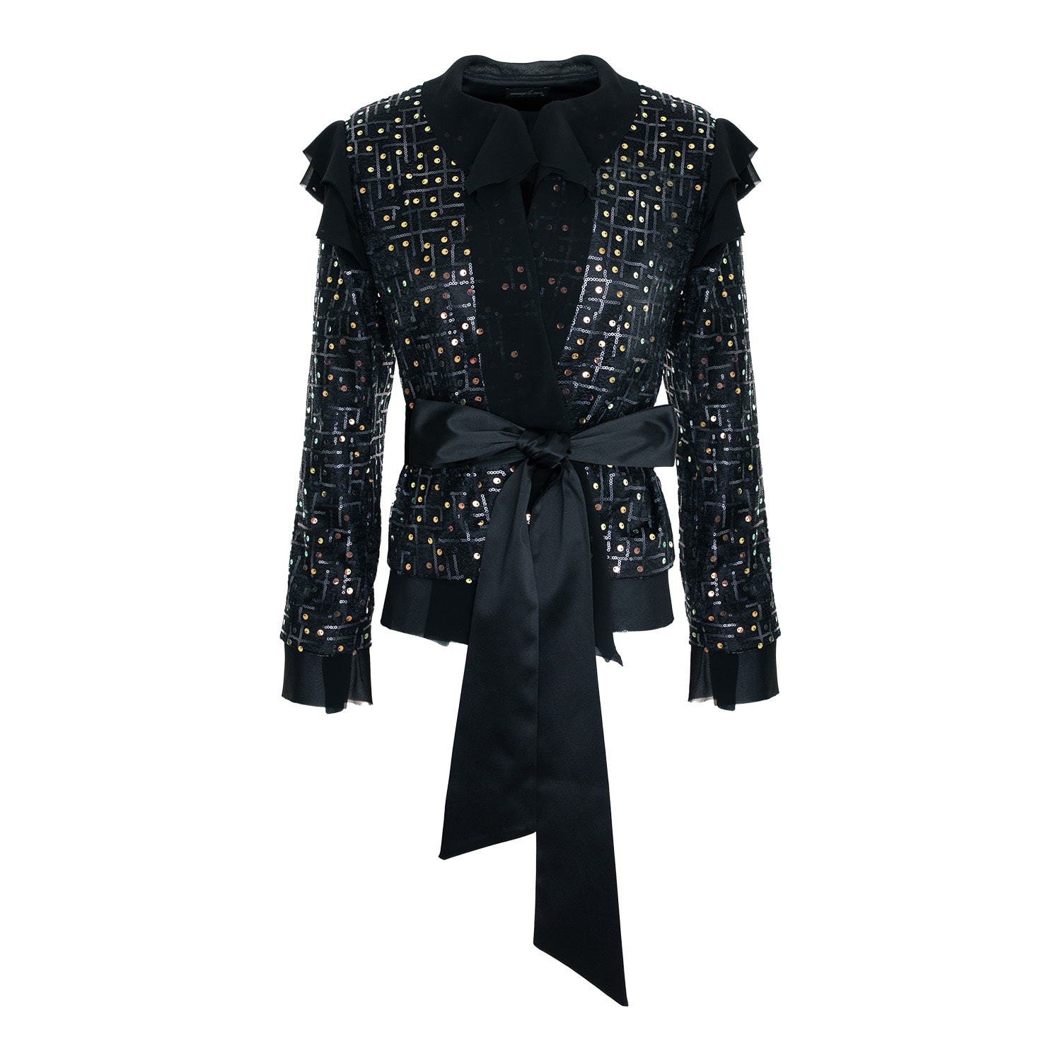 Women's Black Sequin Jacket With Satin Taffeta Cord And Veil Details | Extra Small | Concept a Trois